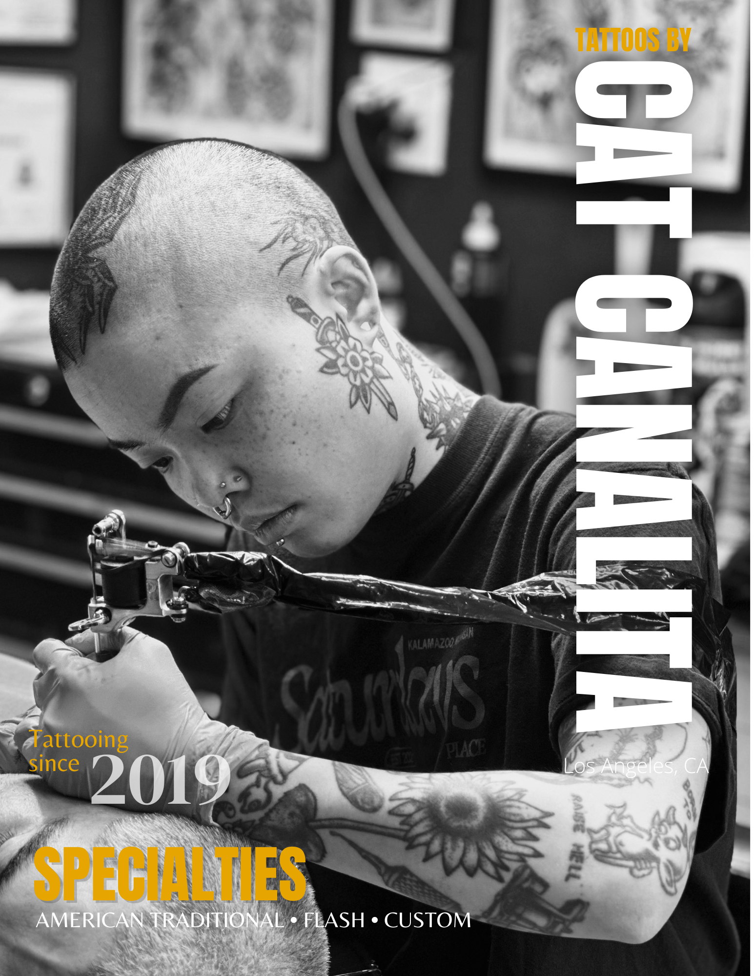 Cat tattooing in los angeles at rabble rouser tattoo in the palms neighborhood. They are doing American traditional tattoo flash.
