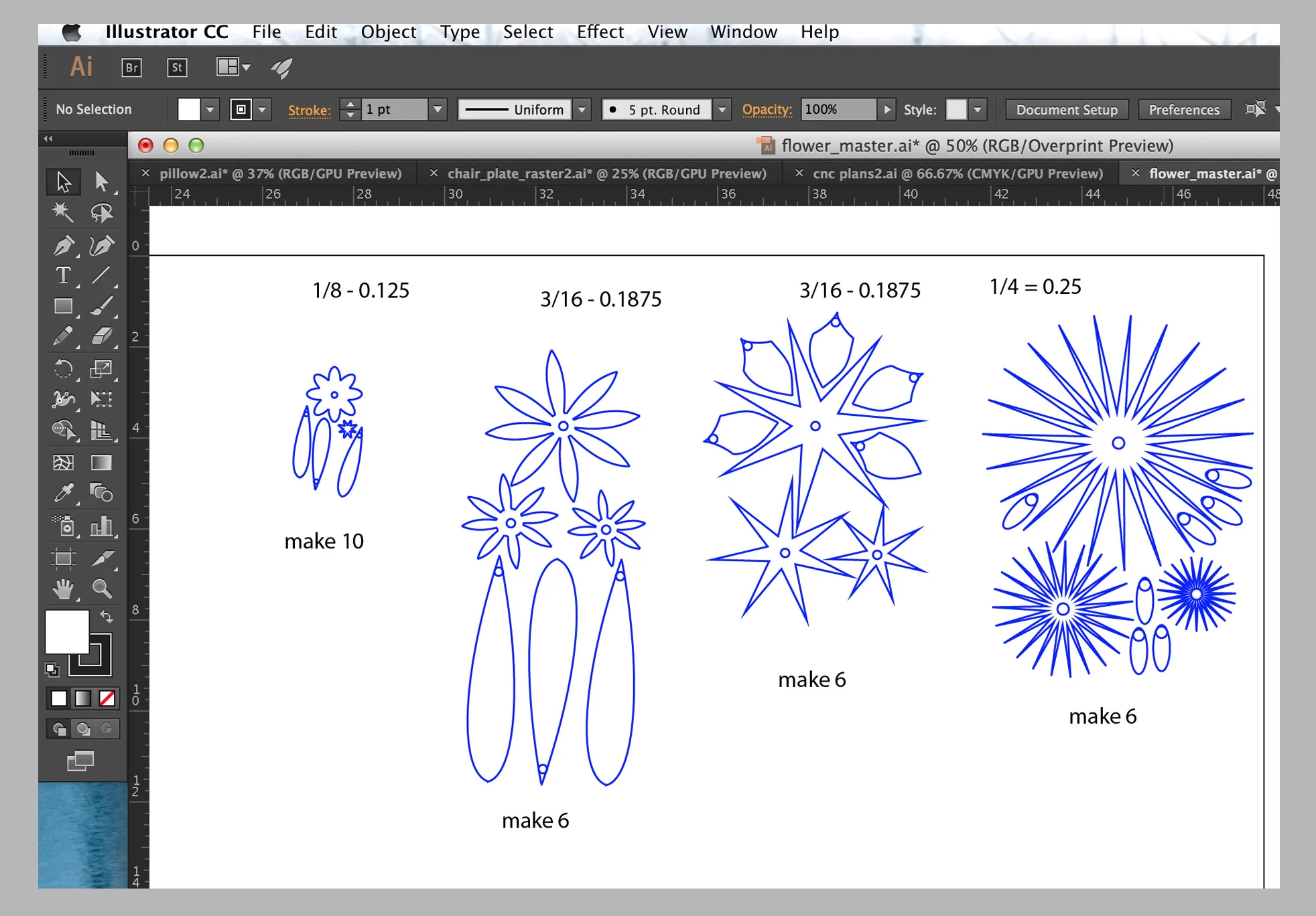The master Adobe Illustrator file for laser-cut acrylic flowers.