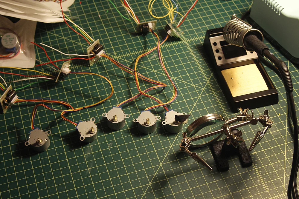 Soldering wires that control the motors.