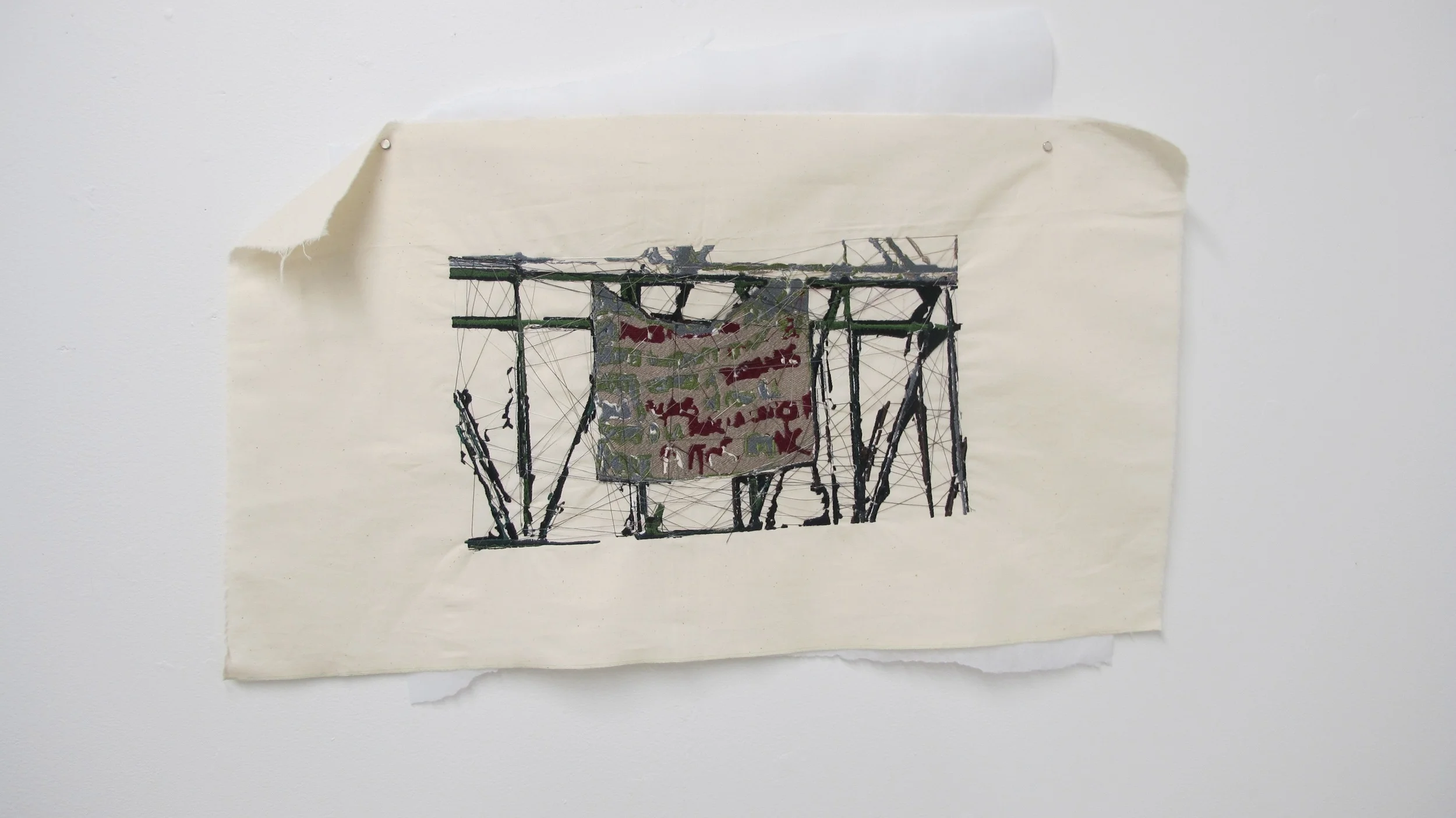 Research Study (manta)2015Unbleached Muslin, polyester thread, cottonSample of composition, this is one of the many messages that violent groups leave one another throughout the city on an almost daily basis. The opposing faction then perpetuates th…