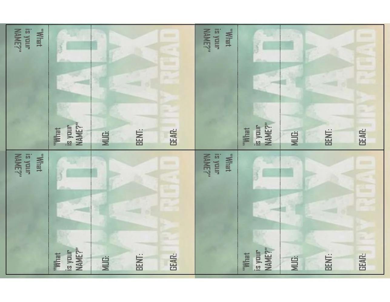 Character sheets for Dread Mad Max: Fury Road.
