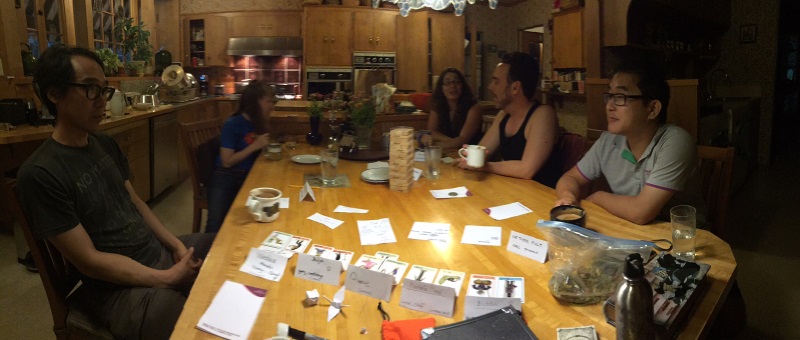 Dread session panoramic, with players H, a sibling, player J, player S, and player A.