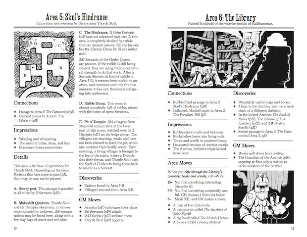 Sample pages from Servants of the Cinder Queen; very Dungeon World specific, lots of bullet points making it easy to run with, as a DM.