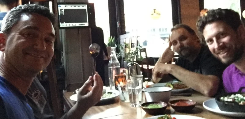 Myself, Jerry, and Derek. Jim is represented by his hand and spoon... I am sensitive to his irrational need to not be photographed. You're welcome, Jim.