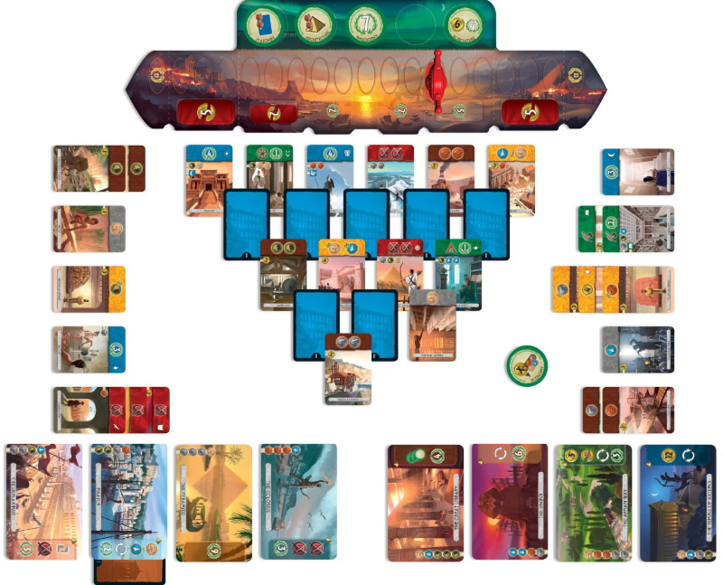An example of 7 Wonders Duel (from the net... this wasn't our game specifically). You can see the types of cards: Brown resources, Green science, Yellow economic, Blue improvements, Red military, etc.