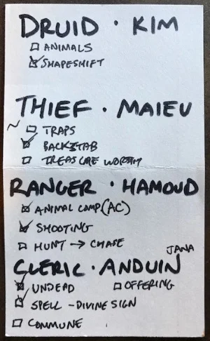 A cheat sheet for the first session on an index card.