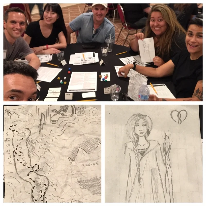 Me peaking for the selfie with the group, and some drawrings from the crowd.