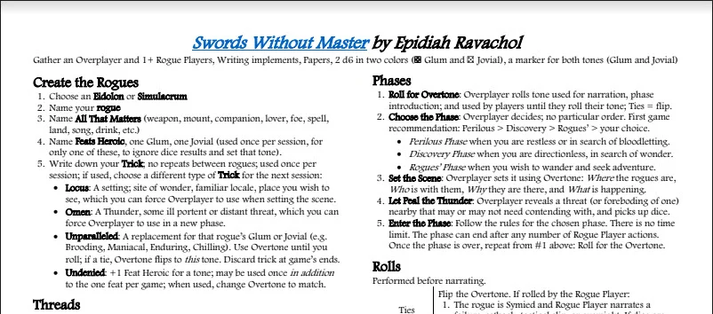A sampling of the cheat sheet… the first page is the basics of how the game runs.