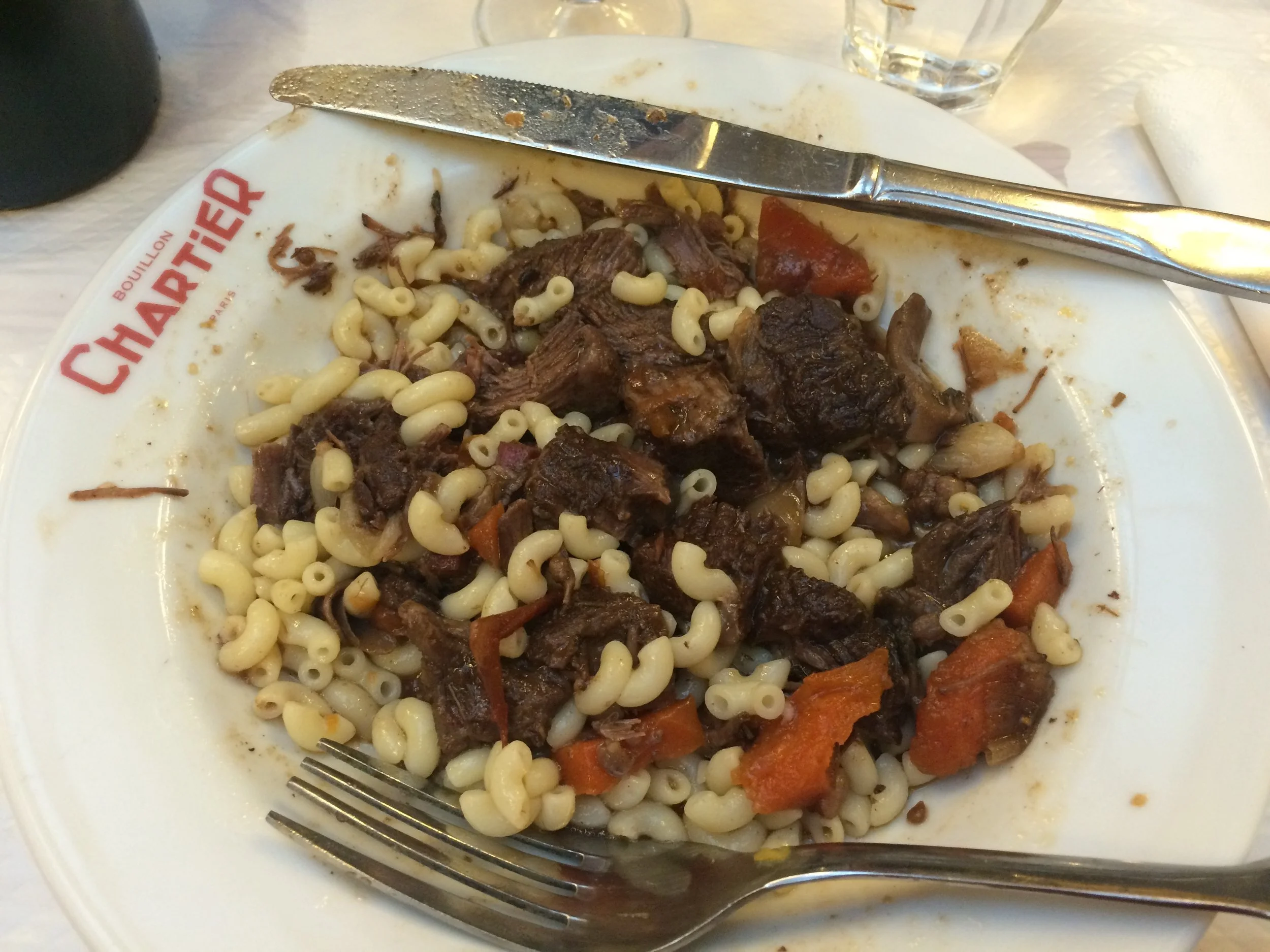 Humble mac and beef at Bouillon Chartier in Paris.