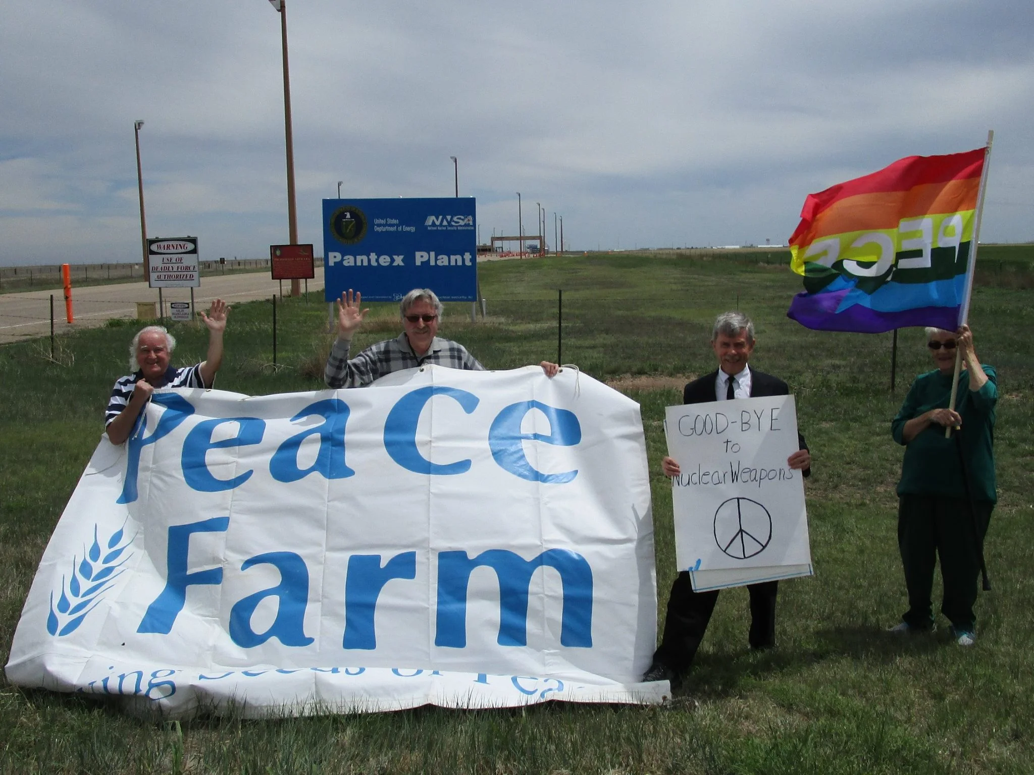 Members of The Peace Farm in Amarillo, Tx waved good-bye today to nuclear weapons outside of the Pantex nuclear weapons plant near Amarillo.