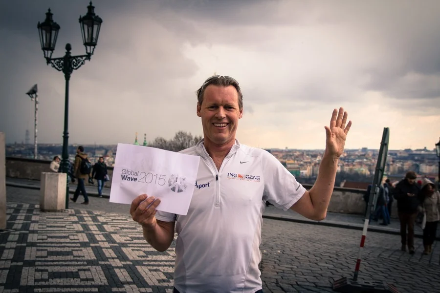 Wave goodbye nukes in Hradcany square at top of Prague Castle steps Apr 6.jpg