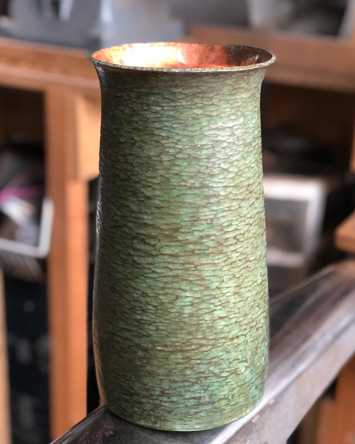 I decided to give this piece a relatively simple cupric nitrate based patina to help highlight all the lovey hammer marks I left in the surface.  This started as a 16&rdquo; disk of 14ga copper, and now stands a little of 10&rdquo;. Lots of metal to 