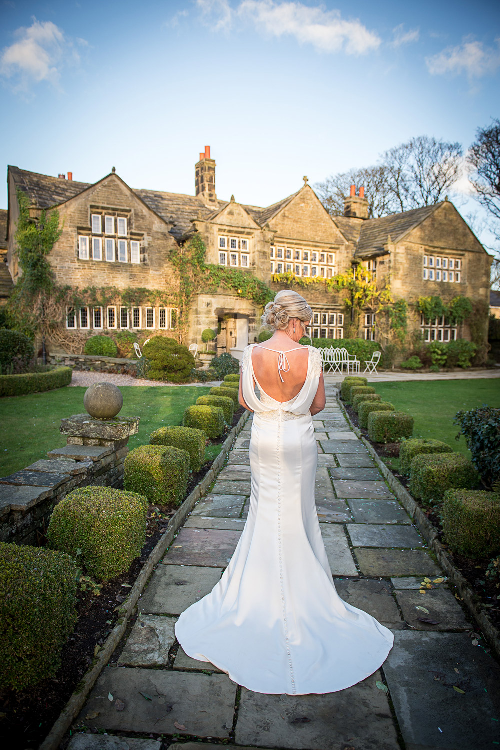 bride in wedding dress at Holdsworth house halifax wedding