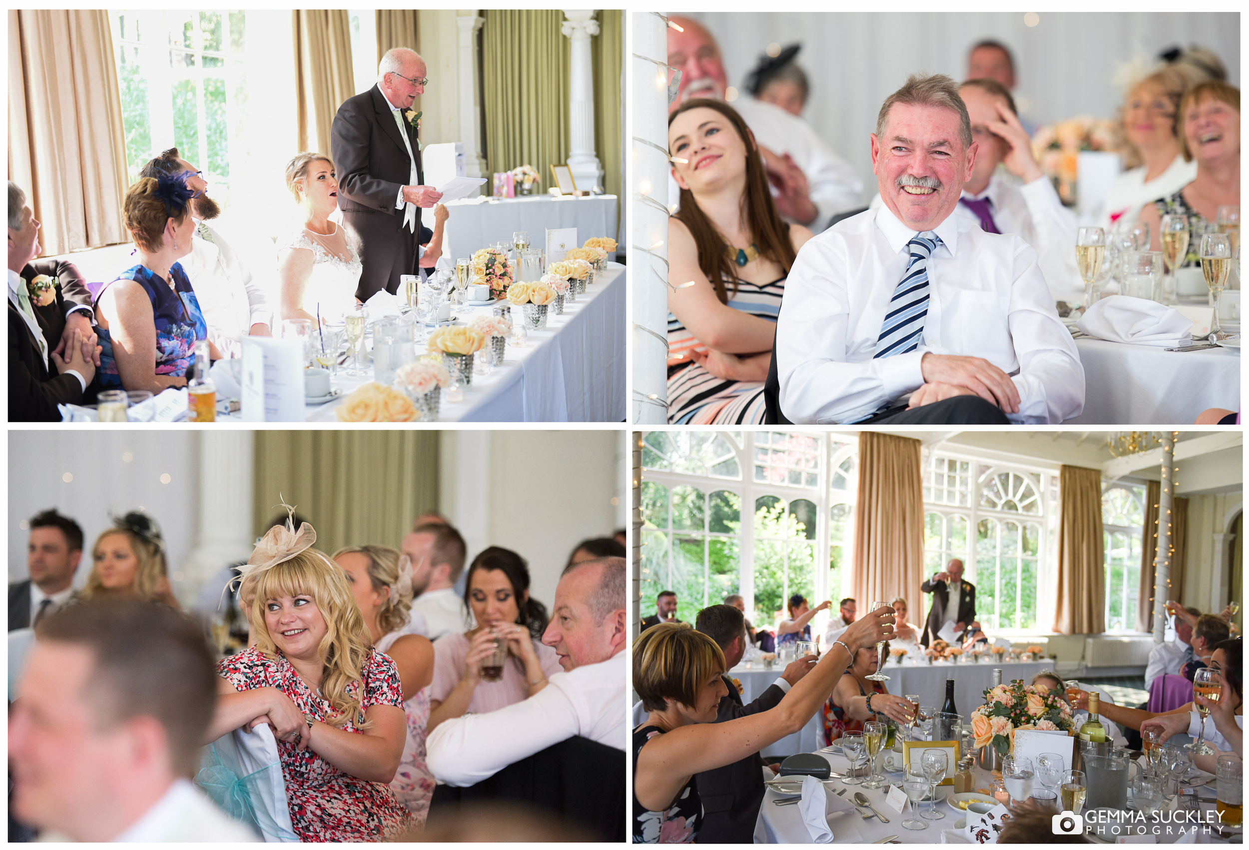 Wedding guests laughing at speeches during the wedding at Old Swan in harrogate