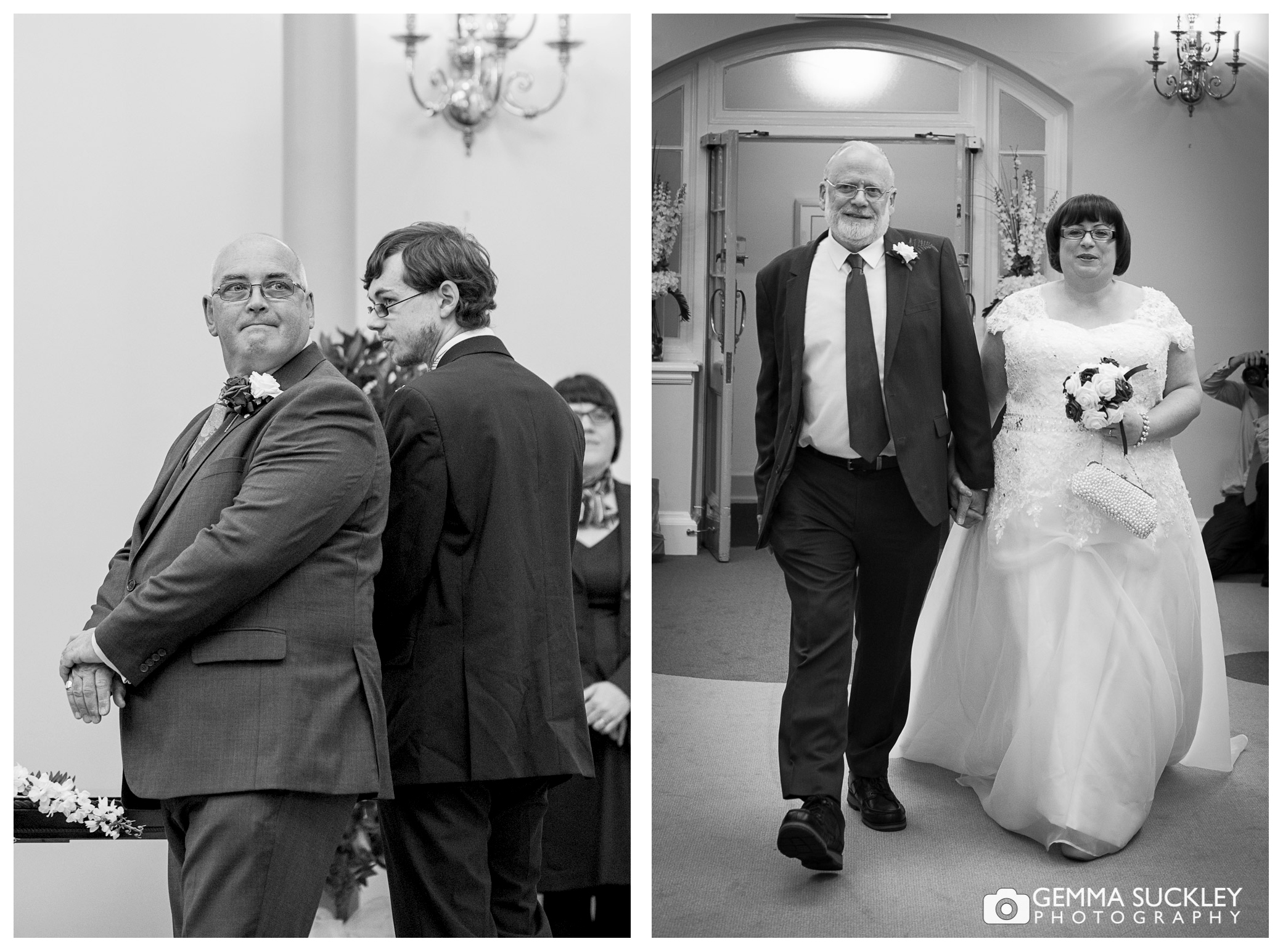 A groom watching his bride walk down the aisle