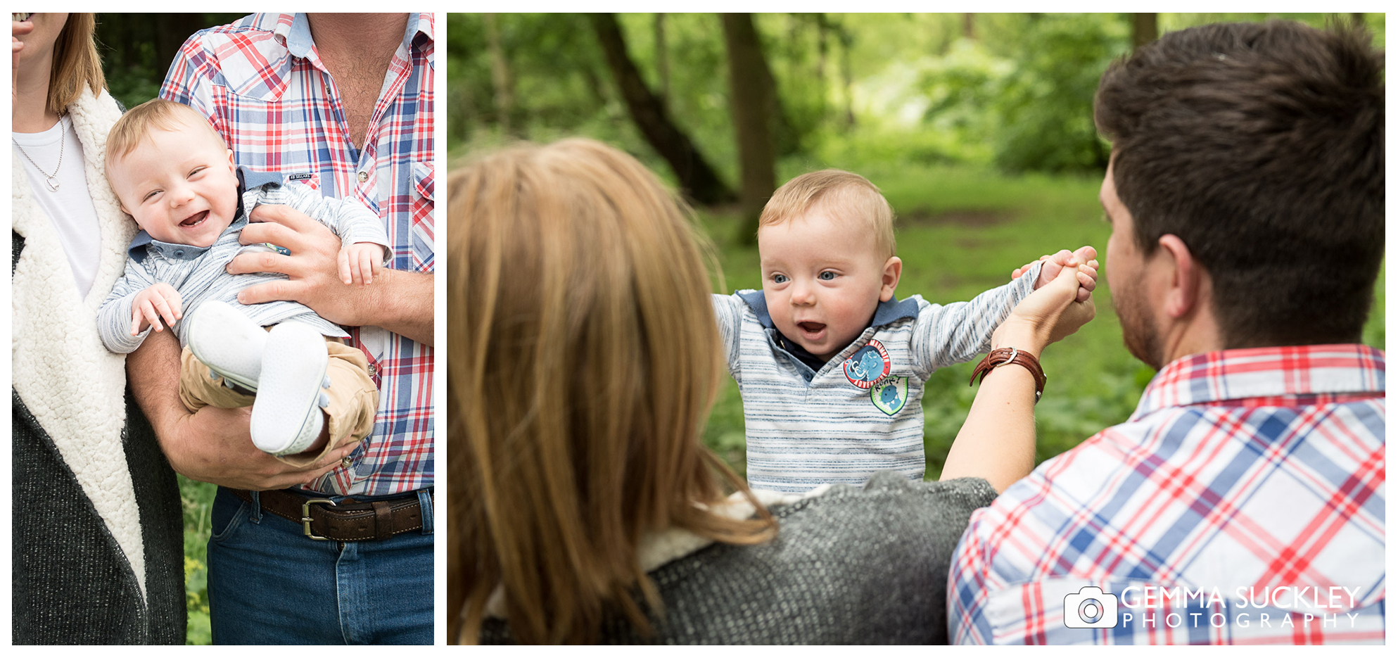 baby smiling on parents knee at Golden Acre Park