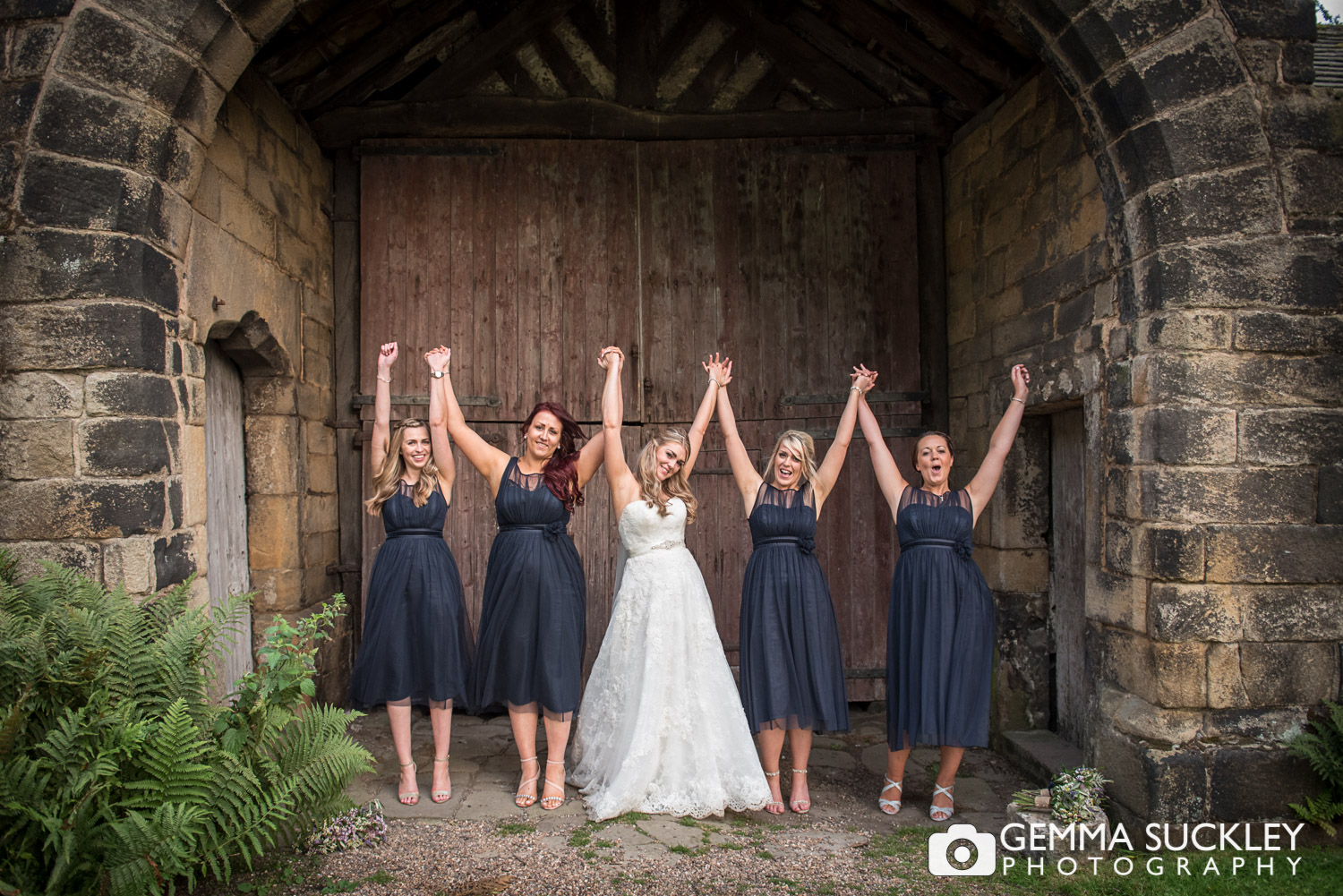 bride and bridesmaids at east riddlesden hall