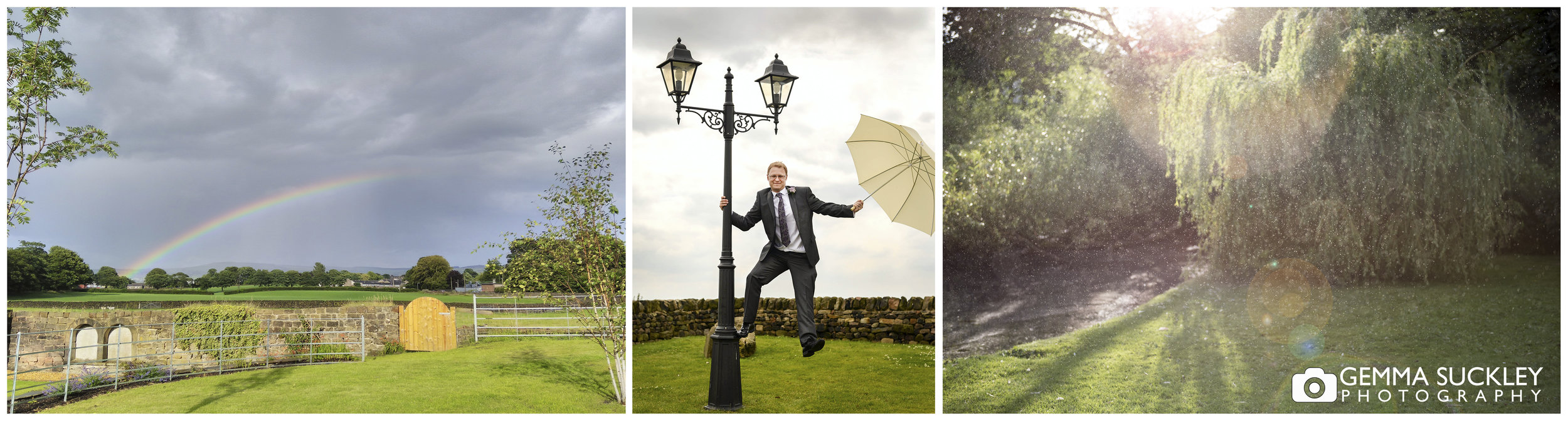 groom hanging off a lamp post with a umbrella in the rain