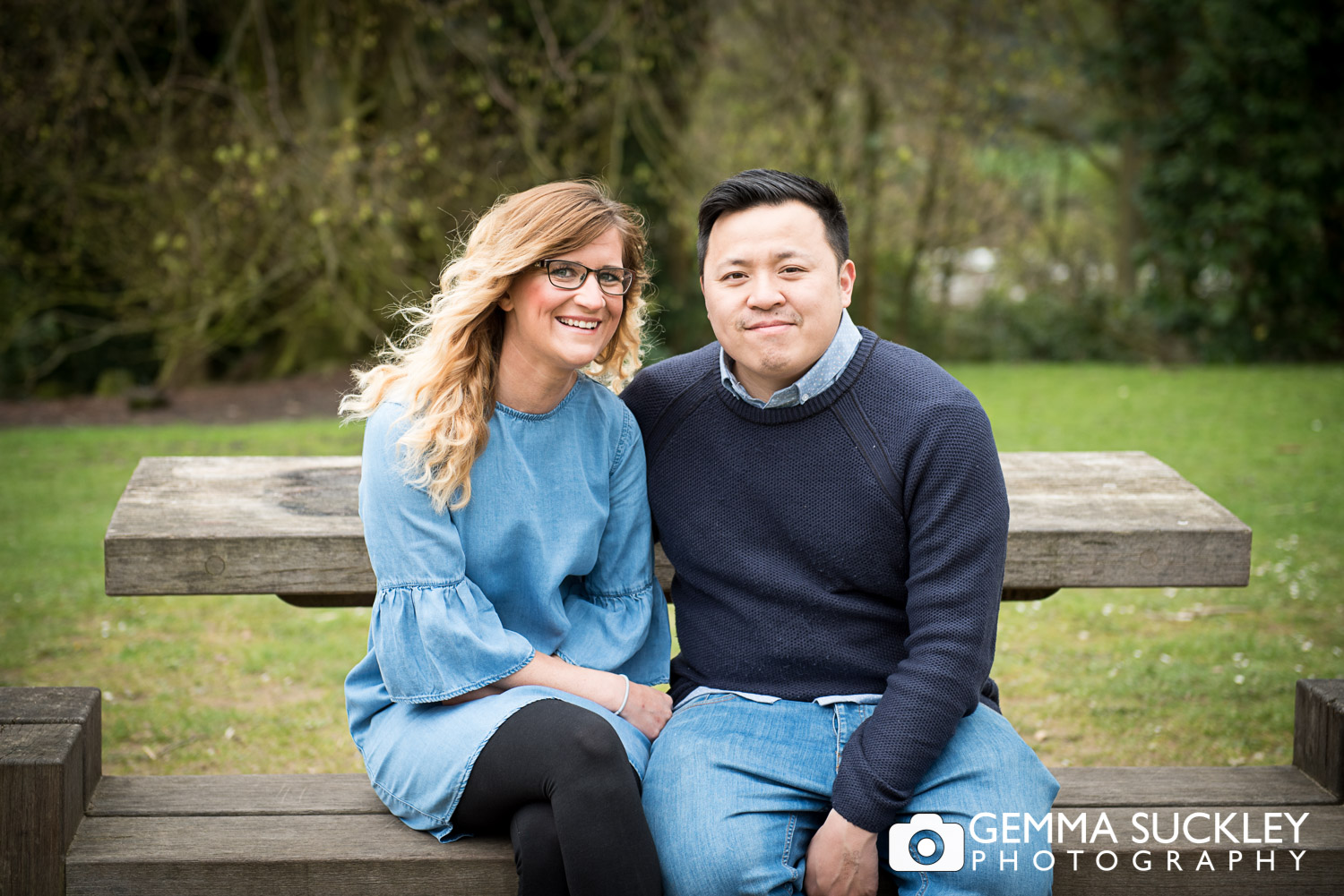 Engaged couple smiling at St ives in Bingley