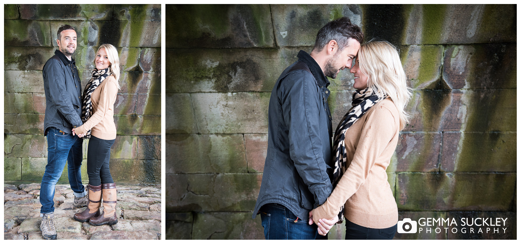 A couple under the bridge in Burnsall during their engagement photos shoot