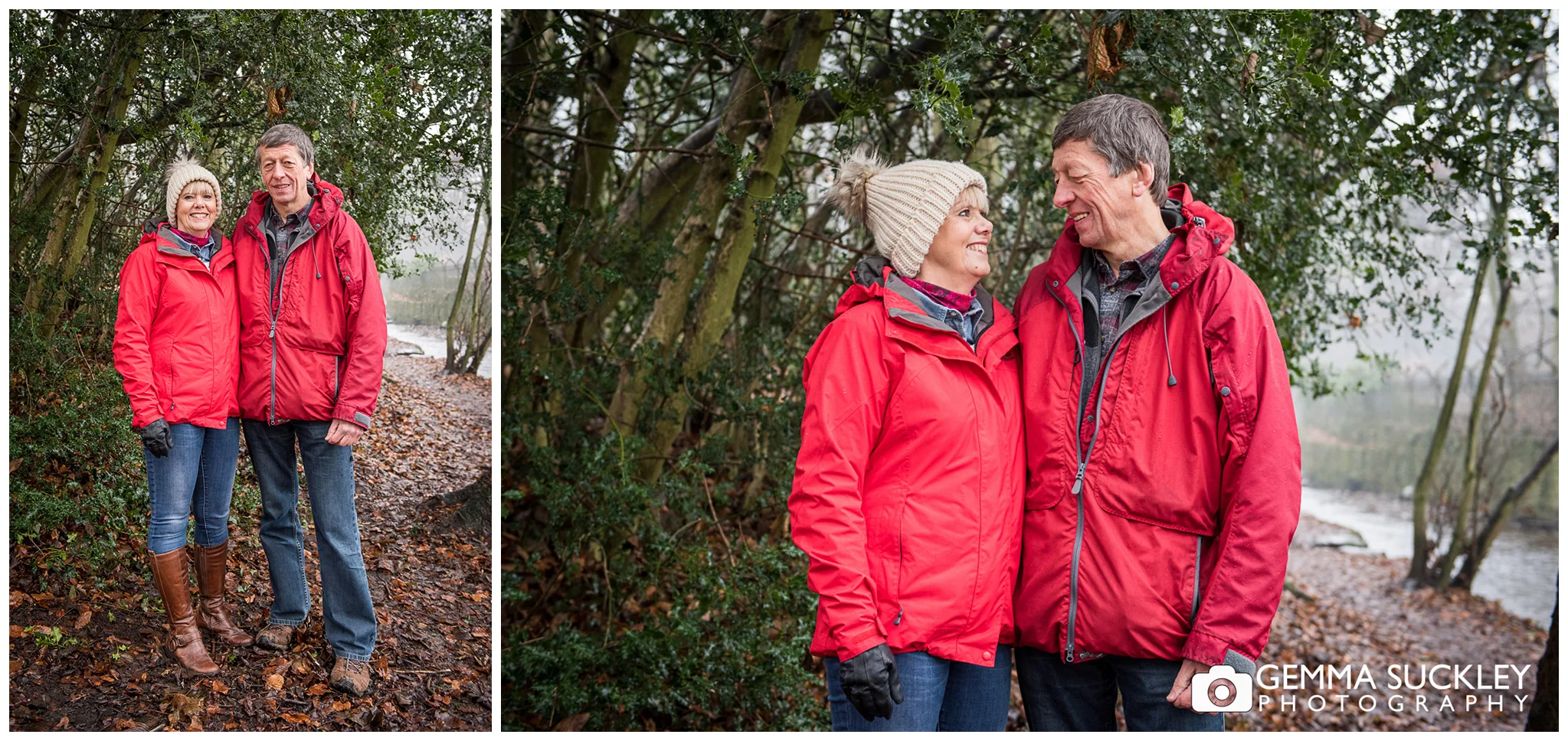 couple smiling in the woods, Yorkshire photo shoot