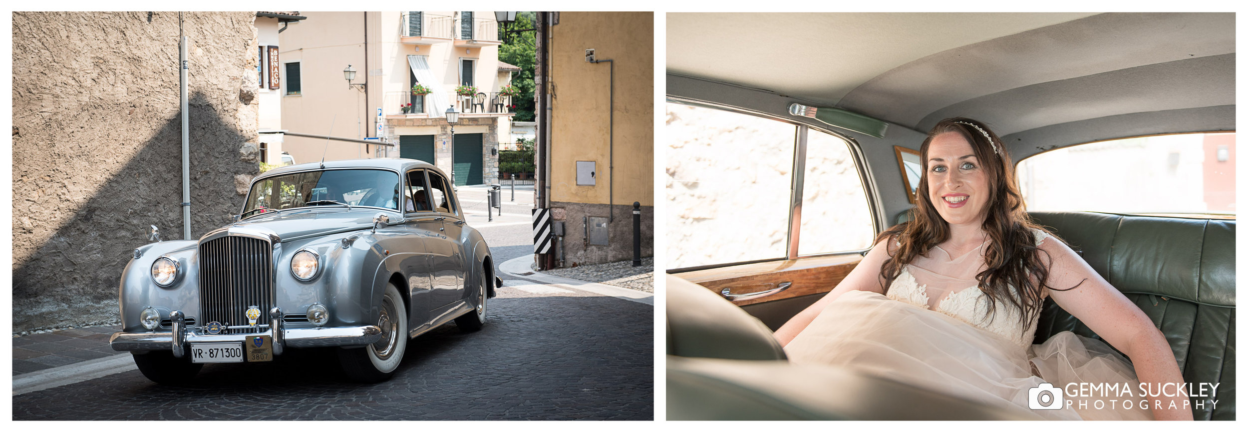 bride arriving in the wedding car in Lake Garda