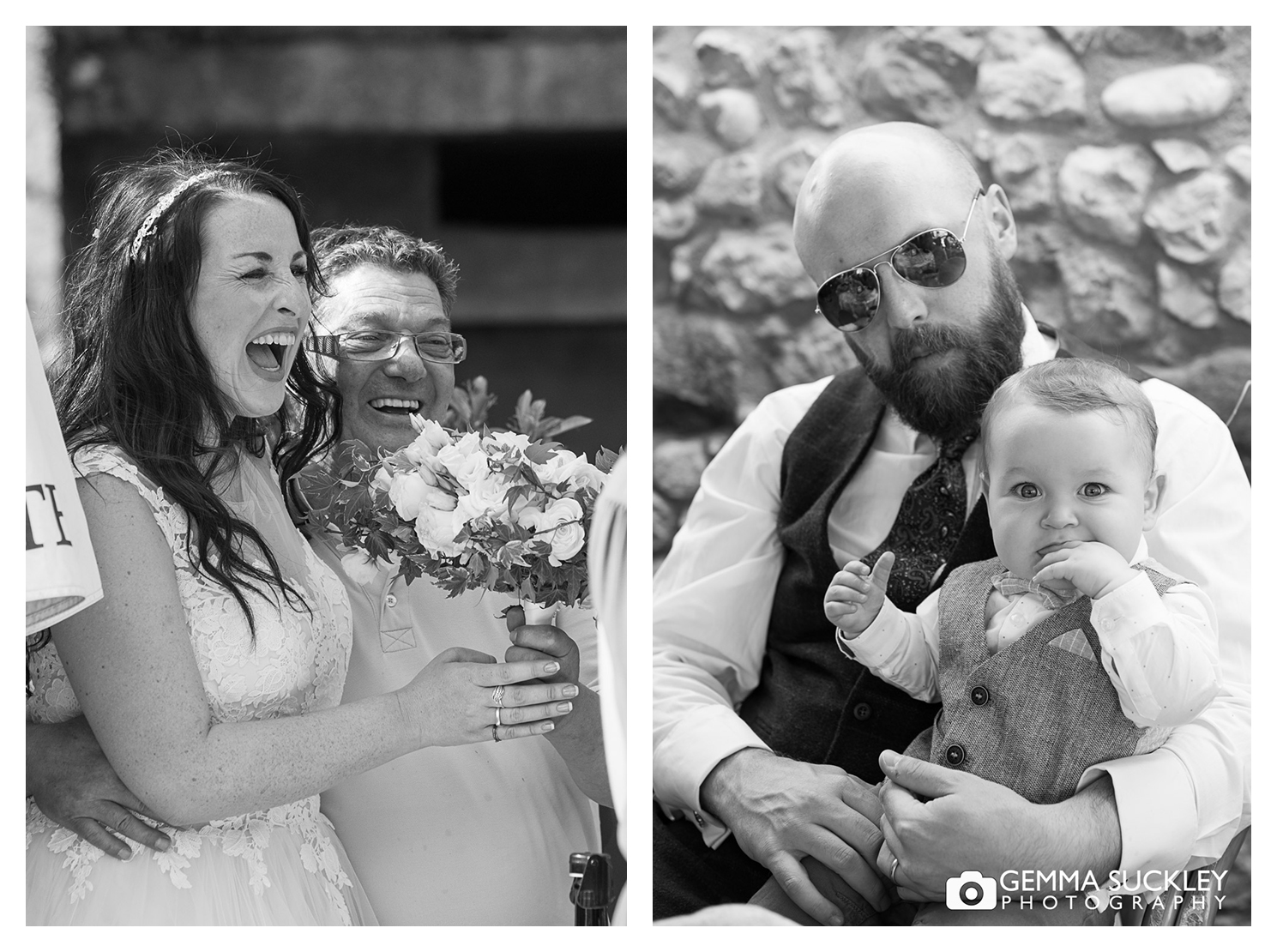 bride laughing with wedding guests