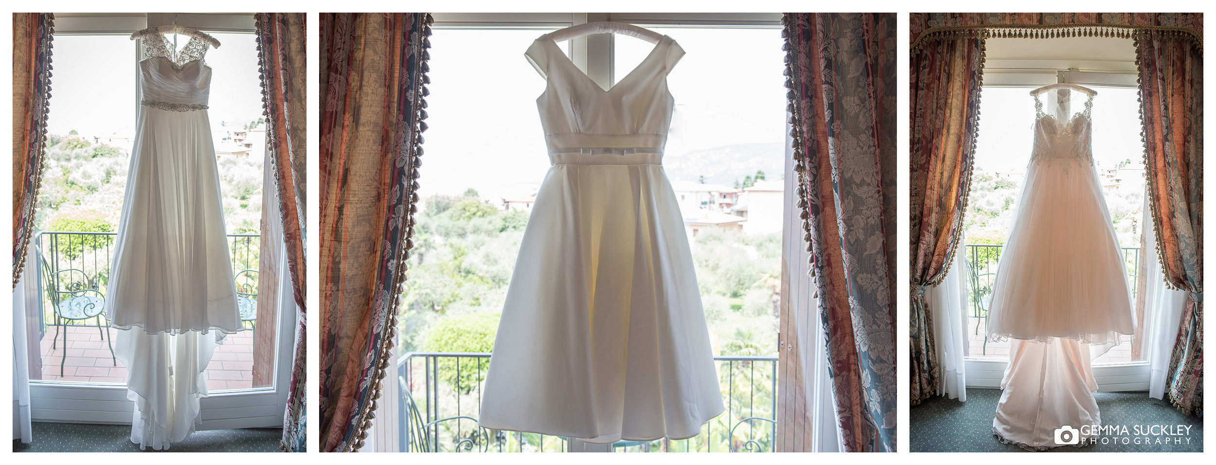 three wedding dresses hanging