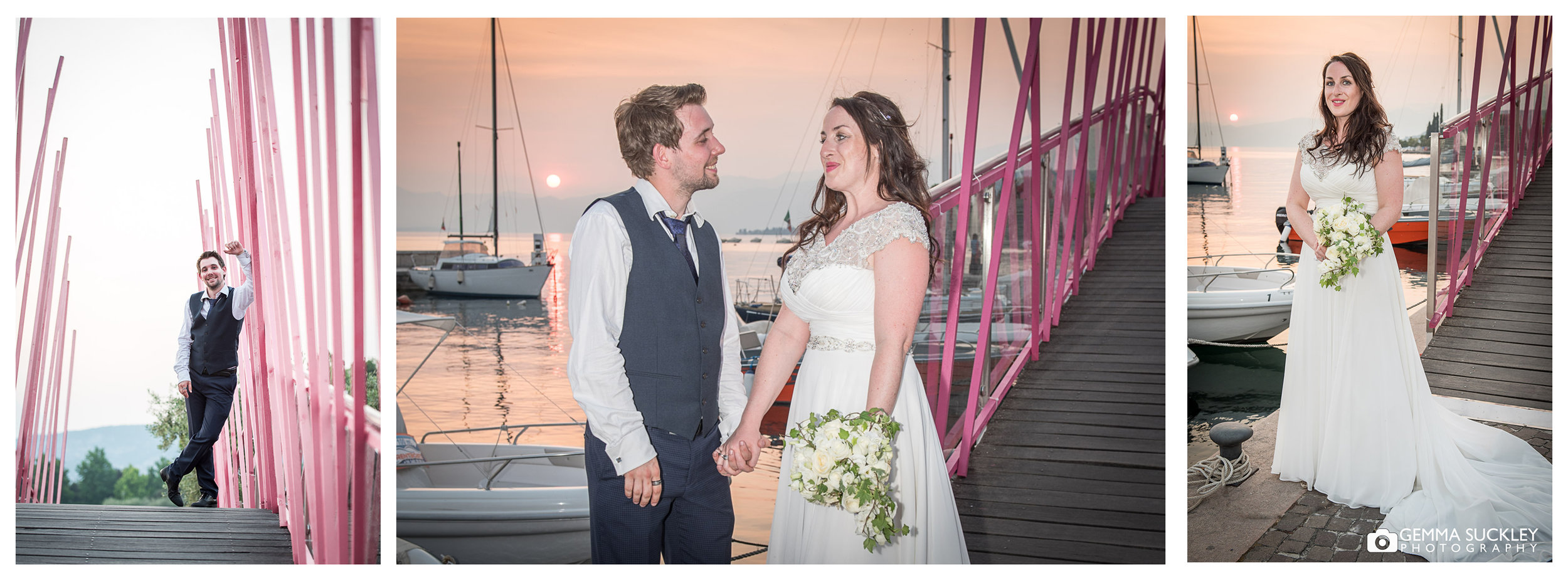 bride and groom smile as the sun sets on Lake Garda