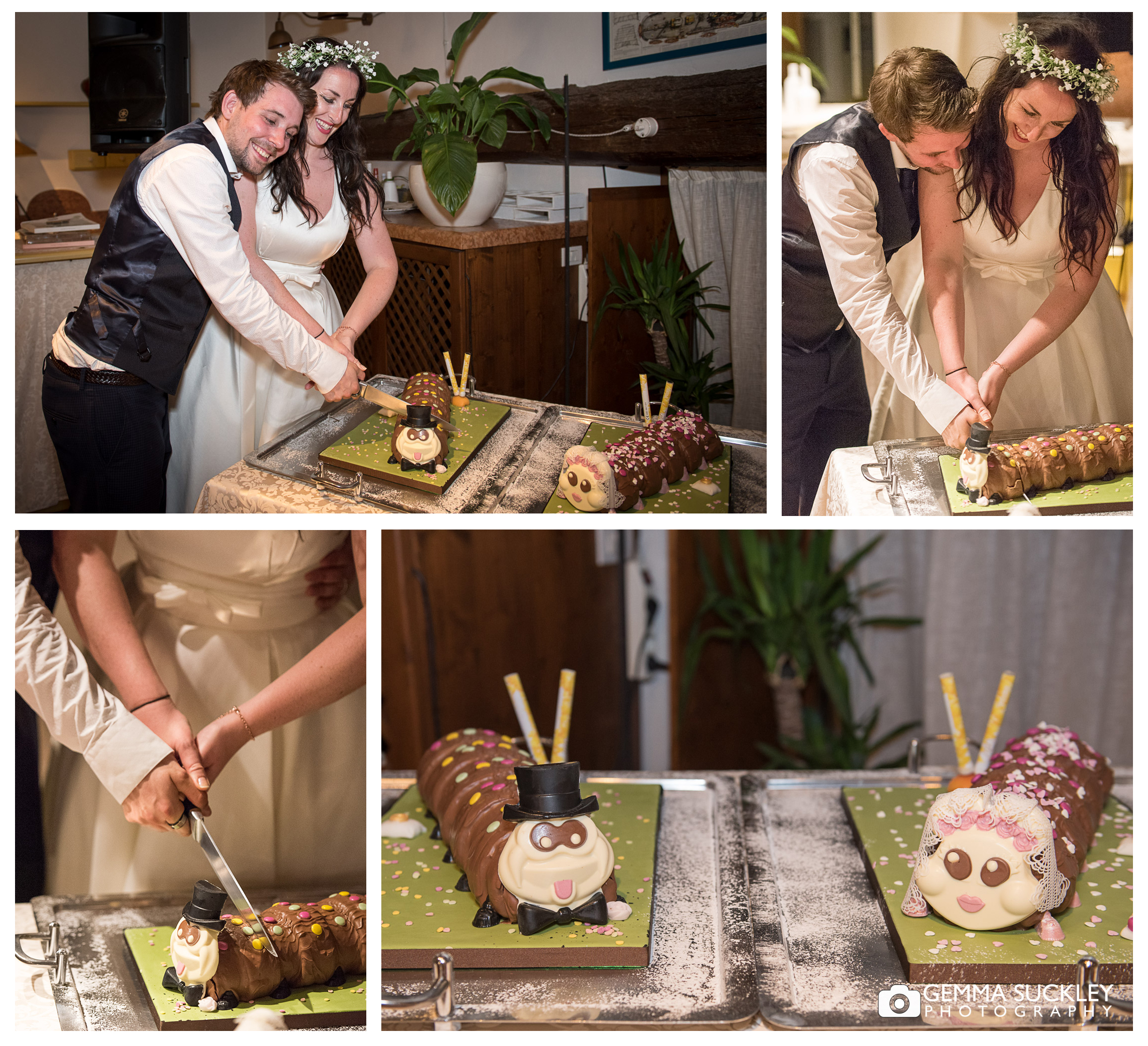 Bride and Groom cutting their marks and spencer's caterpillar cake