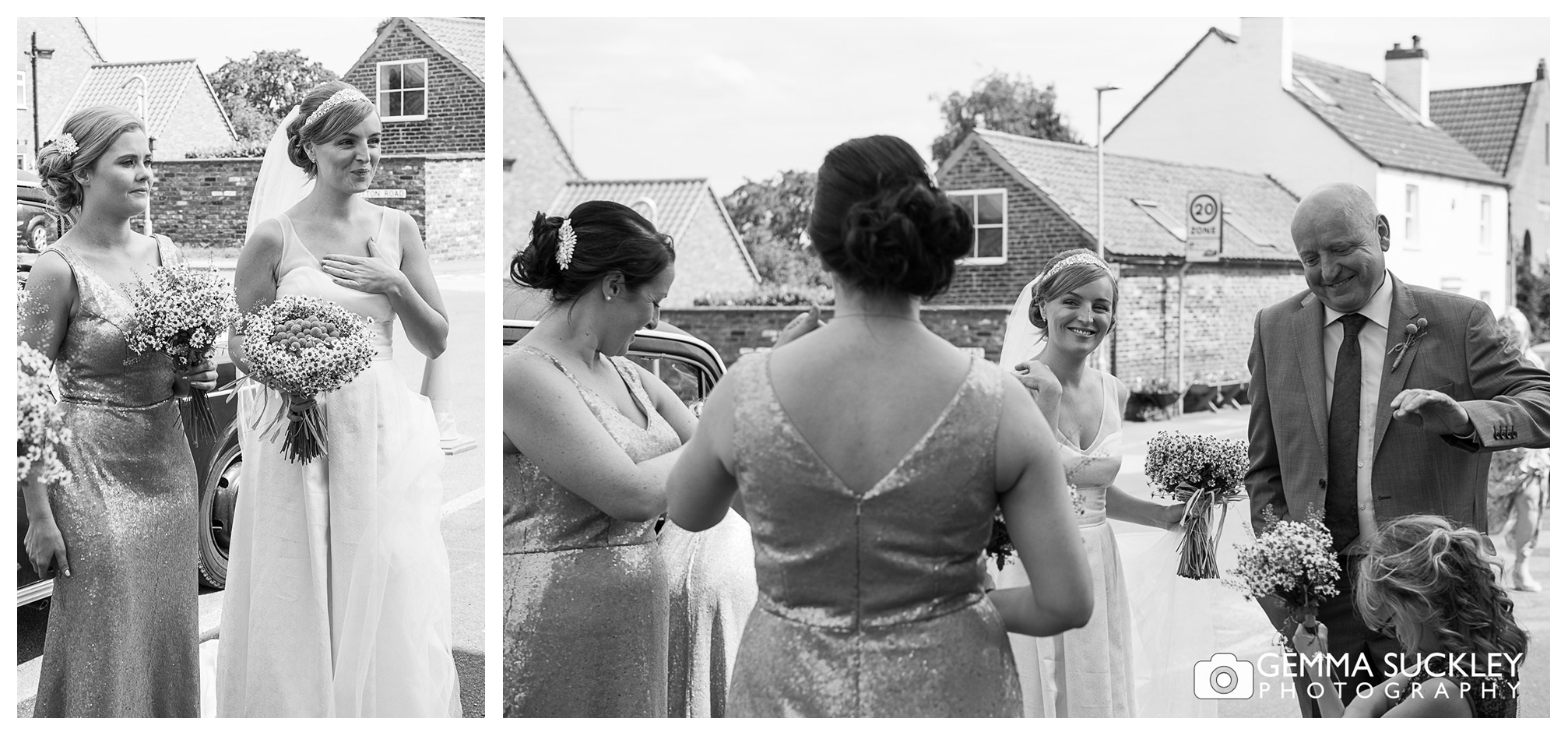 Bride and her bridesmaids outside the church in Driffield