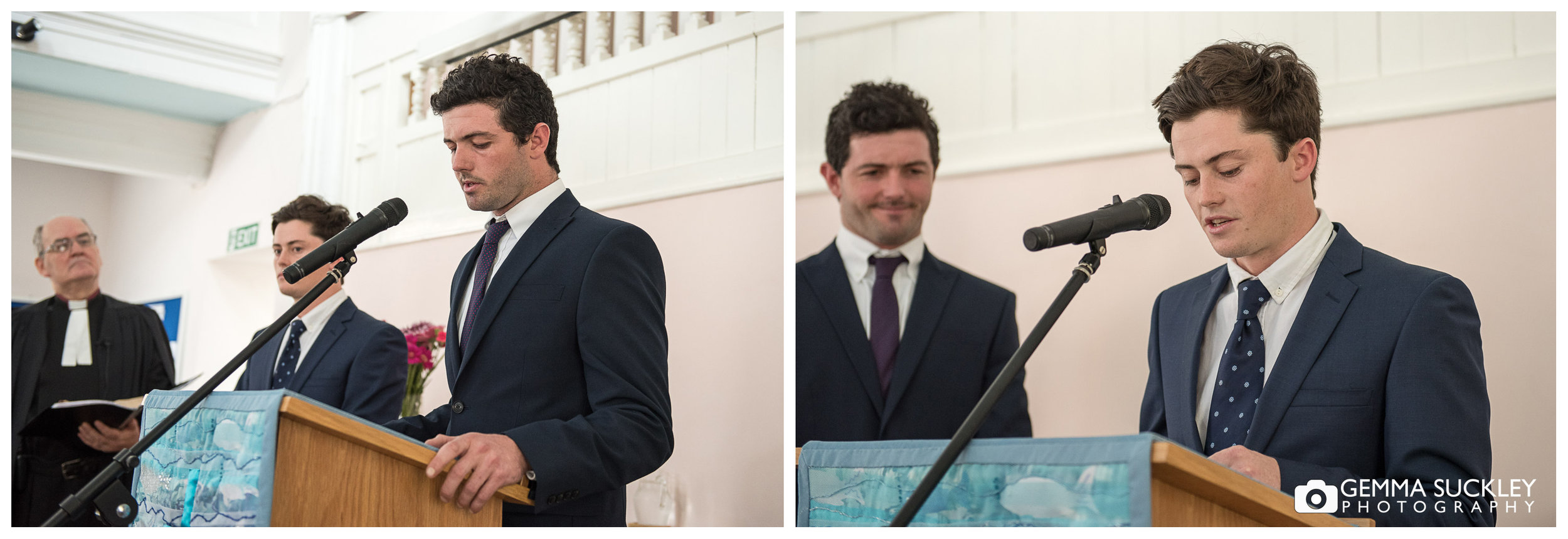 grooms brothers doing a reading during the wedding in east Yorkshire