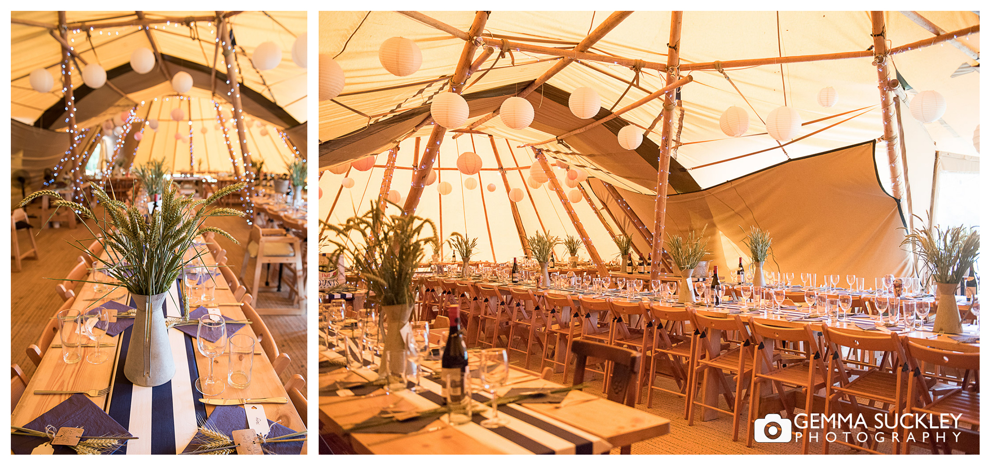 inside of the tipi at Oaklands, east Yorkshire, decorated for a wedding