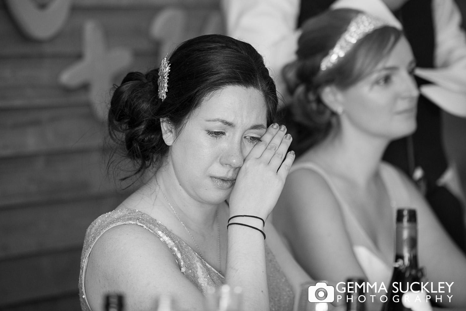 bridesmaid crying at speech at Oaklands
