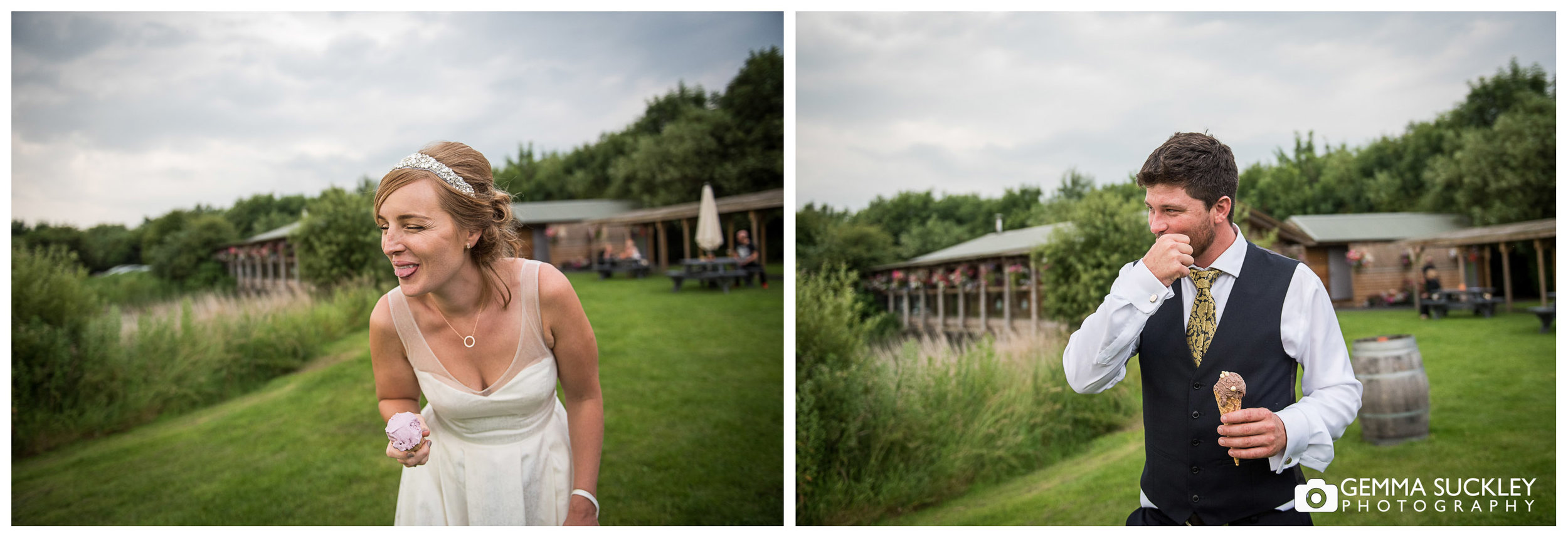 bride and groom with ice creams laughing for wedding photos  