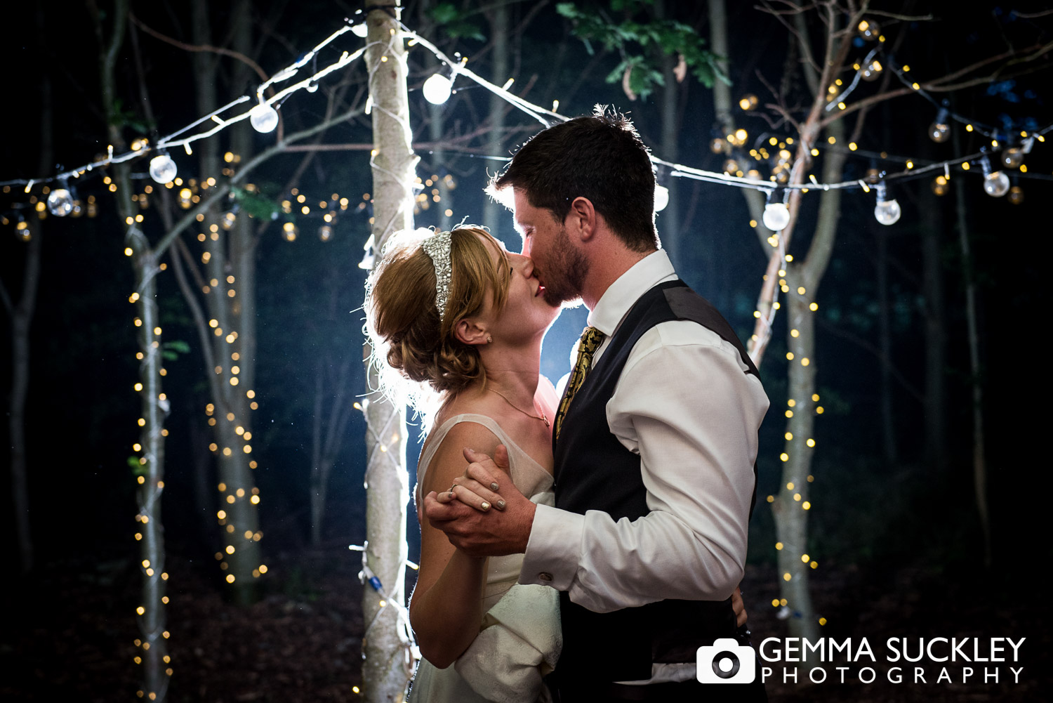 bride and groom dancing with fairy lights lit up at oaklands East Yorkshire