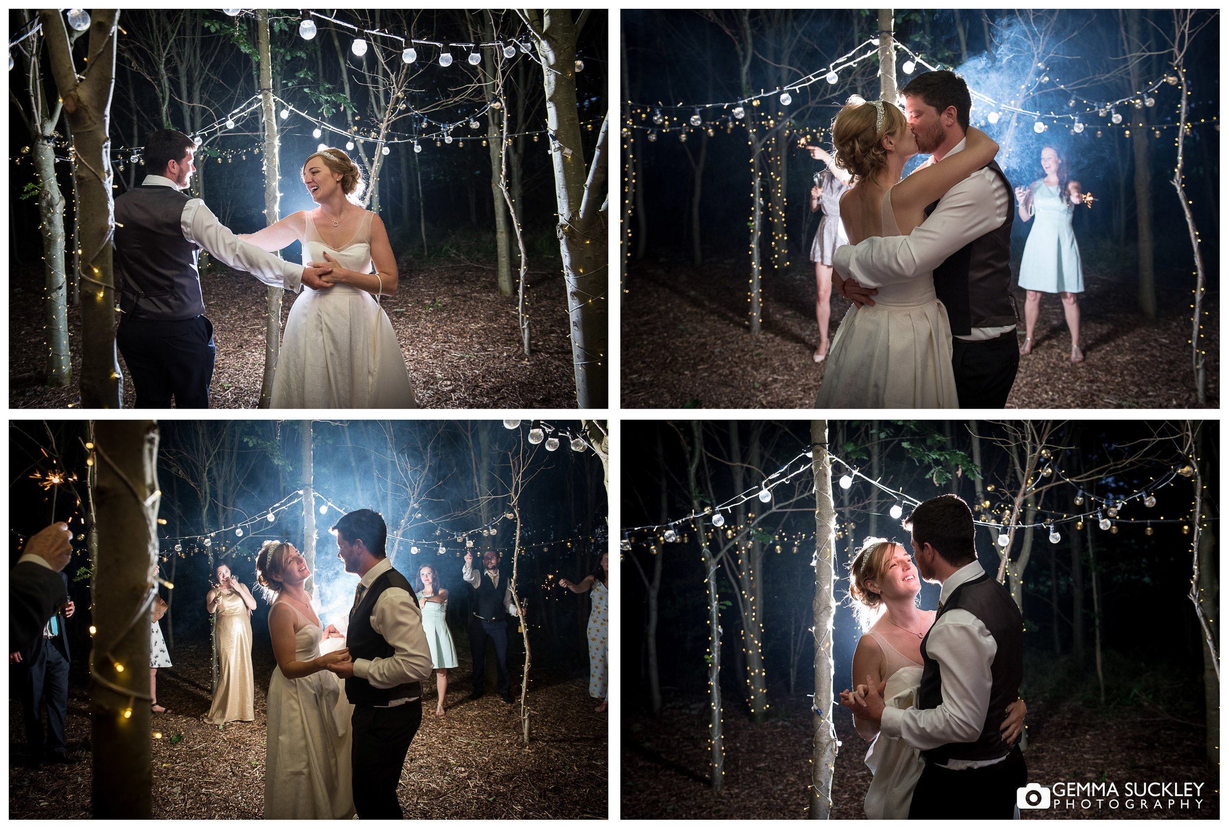 bride and groom dancing in the woodland at Oaklands, Driffield