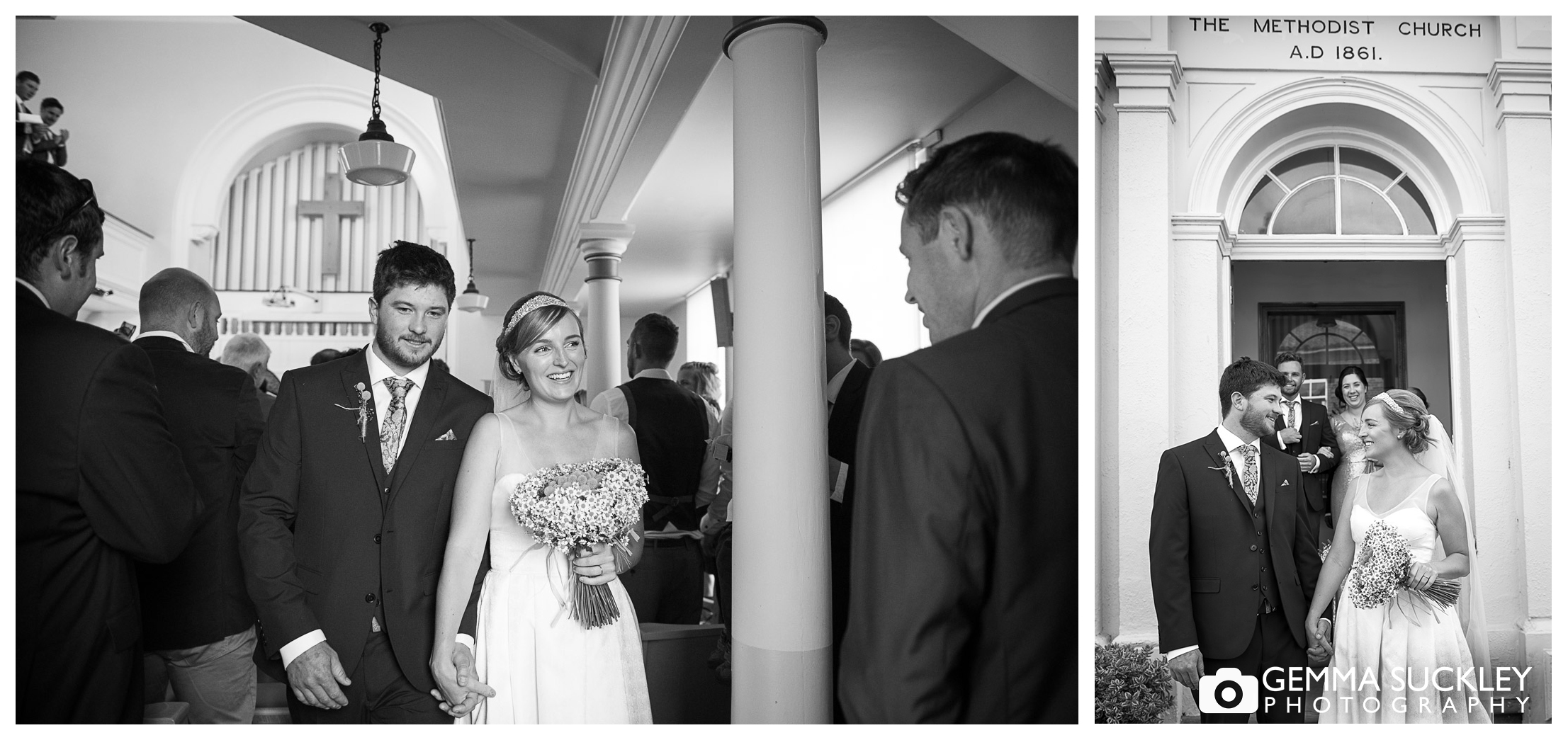 Bride and groom exiting the church in Driffield