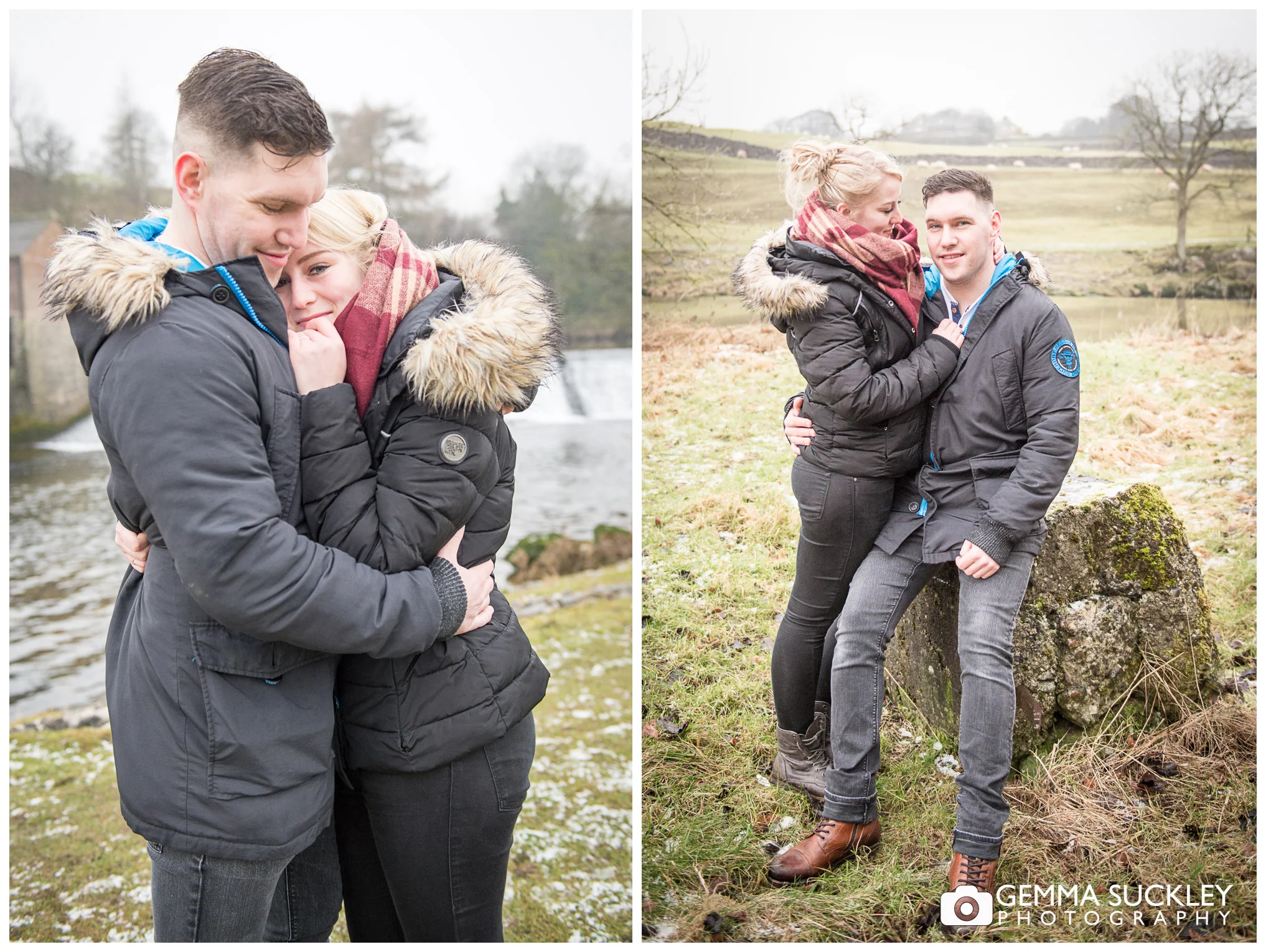 A hugging couple during their pre-wedding photo shoot at Linton Falls