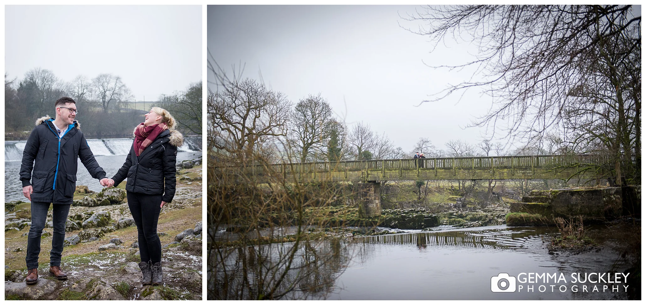 bride and groom to be standing on the bridge at Linton Falls