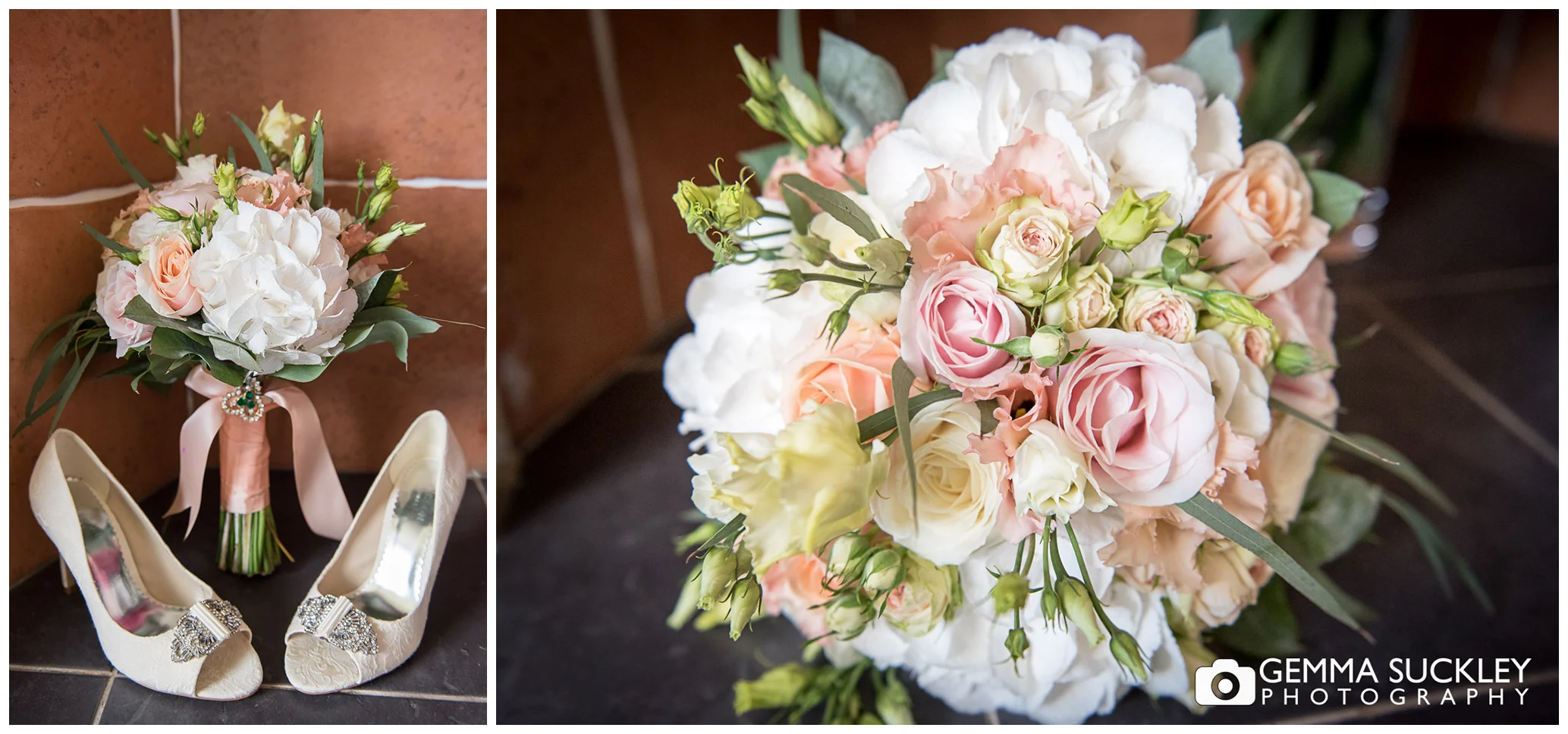 wedding shoes and wedding bouquet