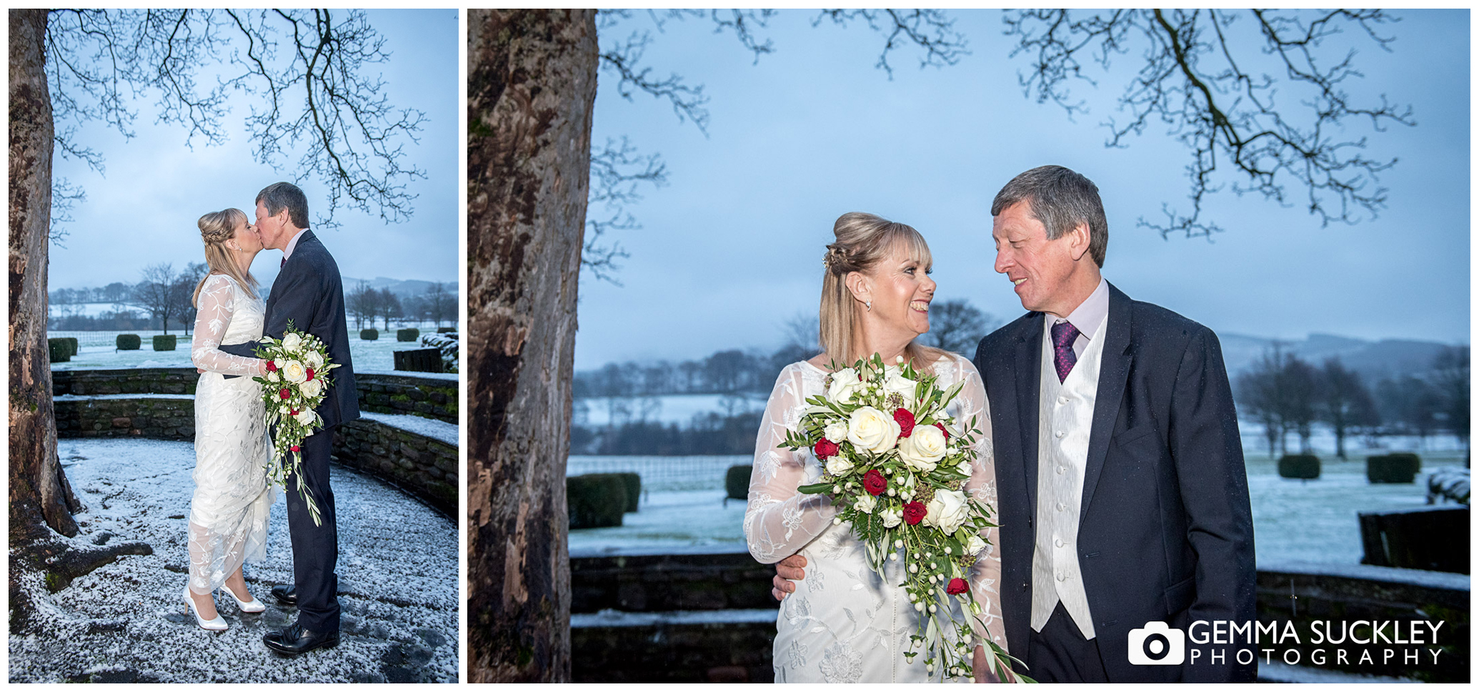 snowy christmas wedding photo outside the devonshire arms bolton abbey