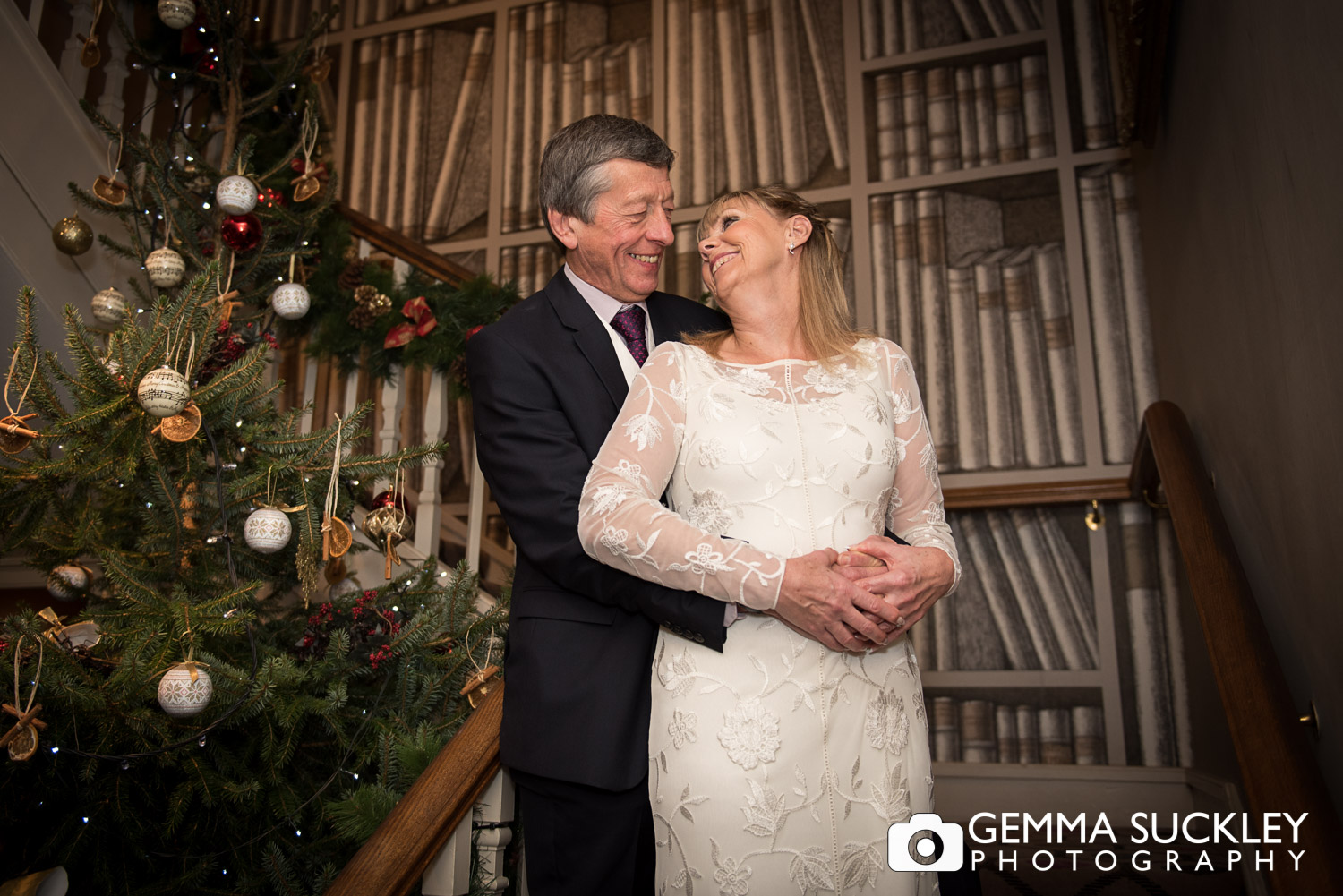 bride and groom at their Christmas wedding in The Devonshire Arms, Bolton abbey