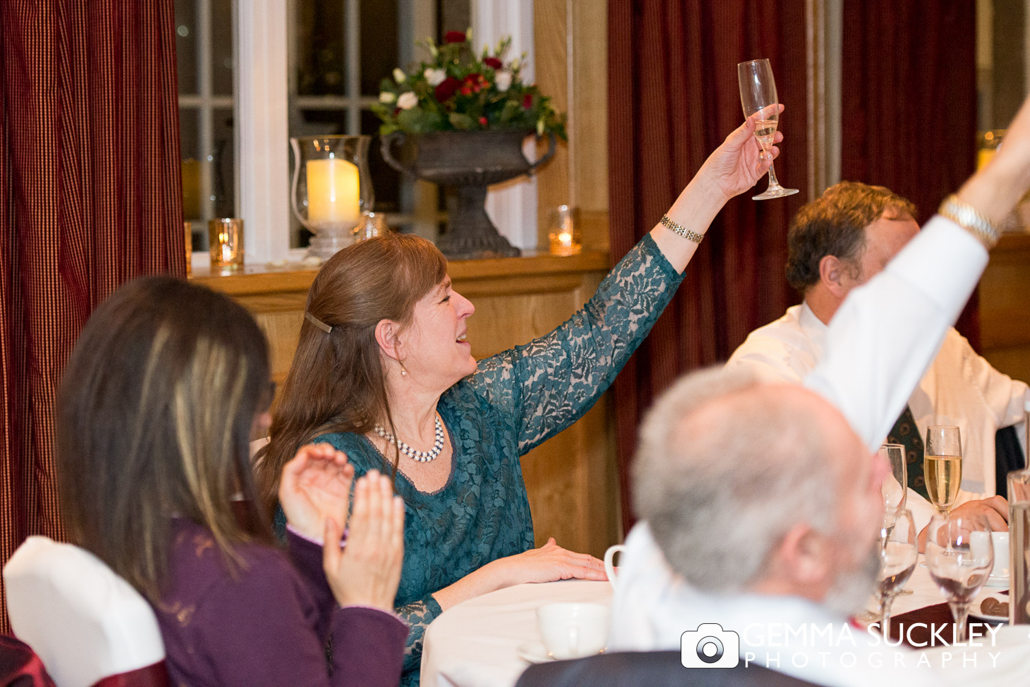 wedding guest toasting during wedding speeches at The Devonshire arms in Bolton Abbey