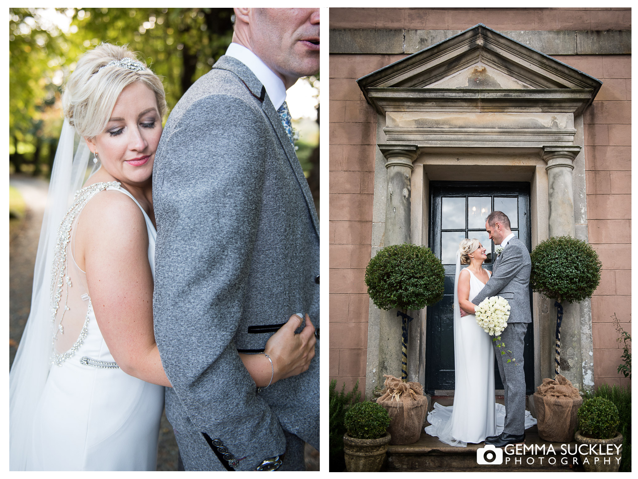 bride and groom on the doorstep at Belmount hall