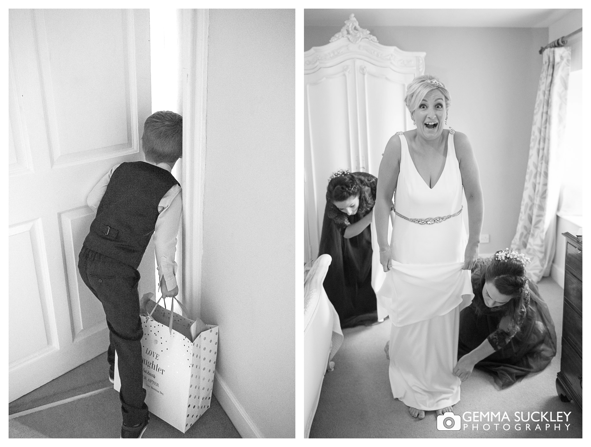 pageboy peeking through the door at Belmount Hall