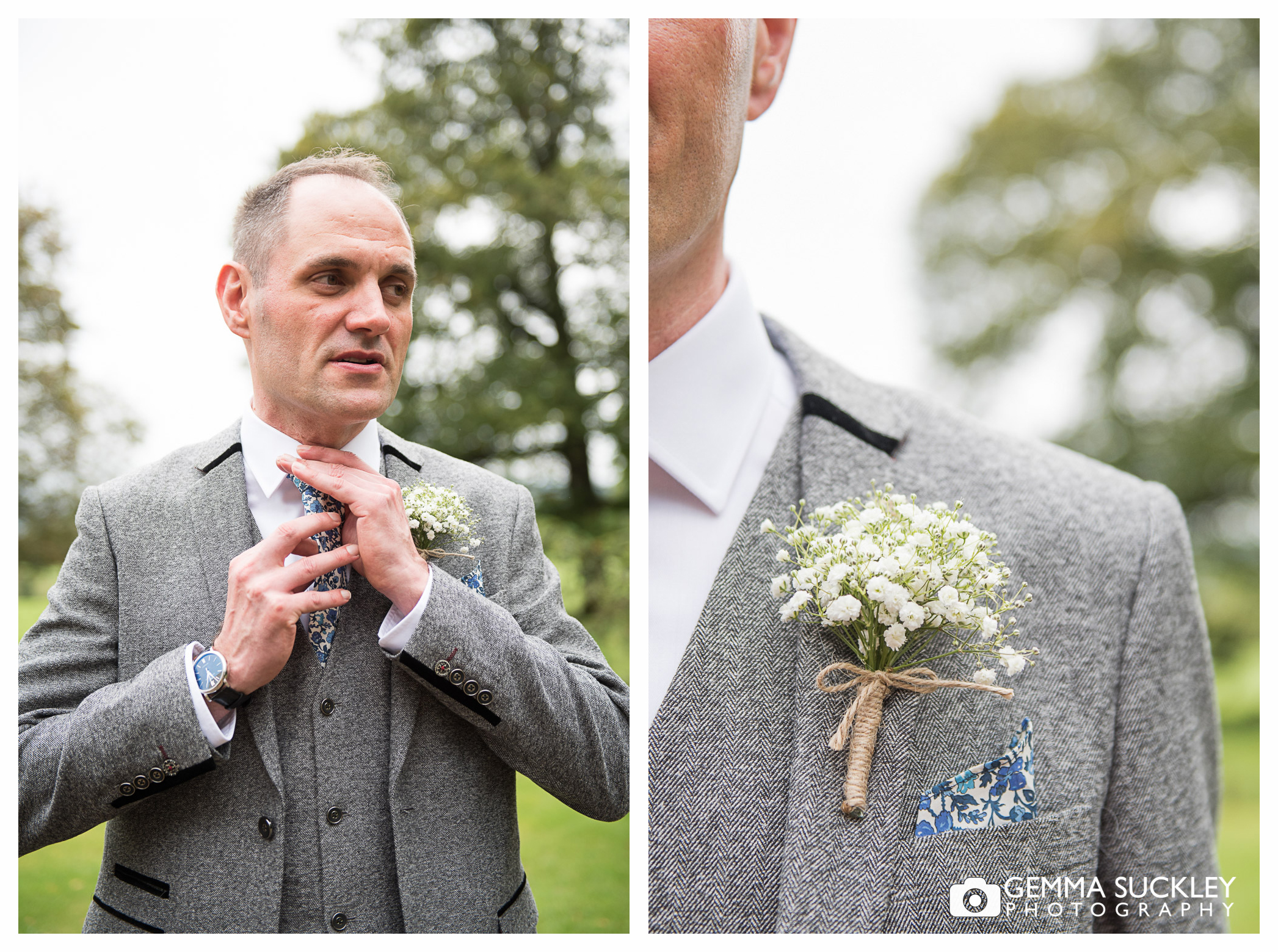 groom suit detail outside belmount Hall