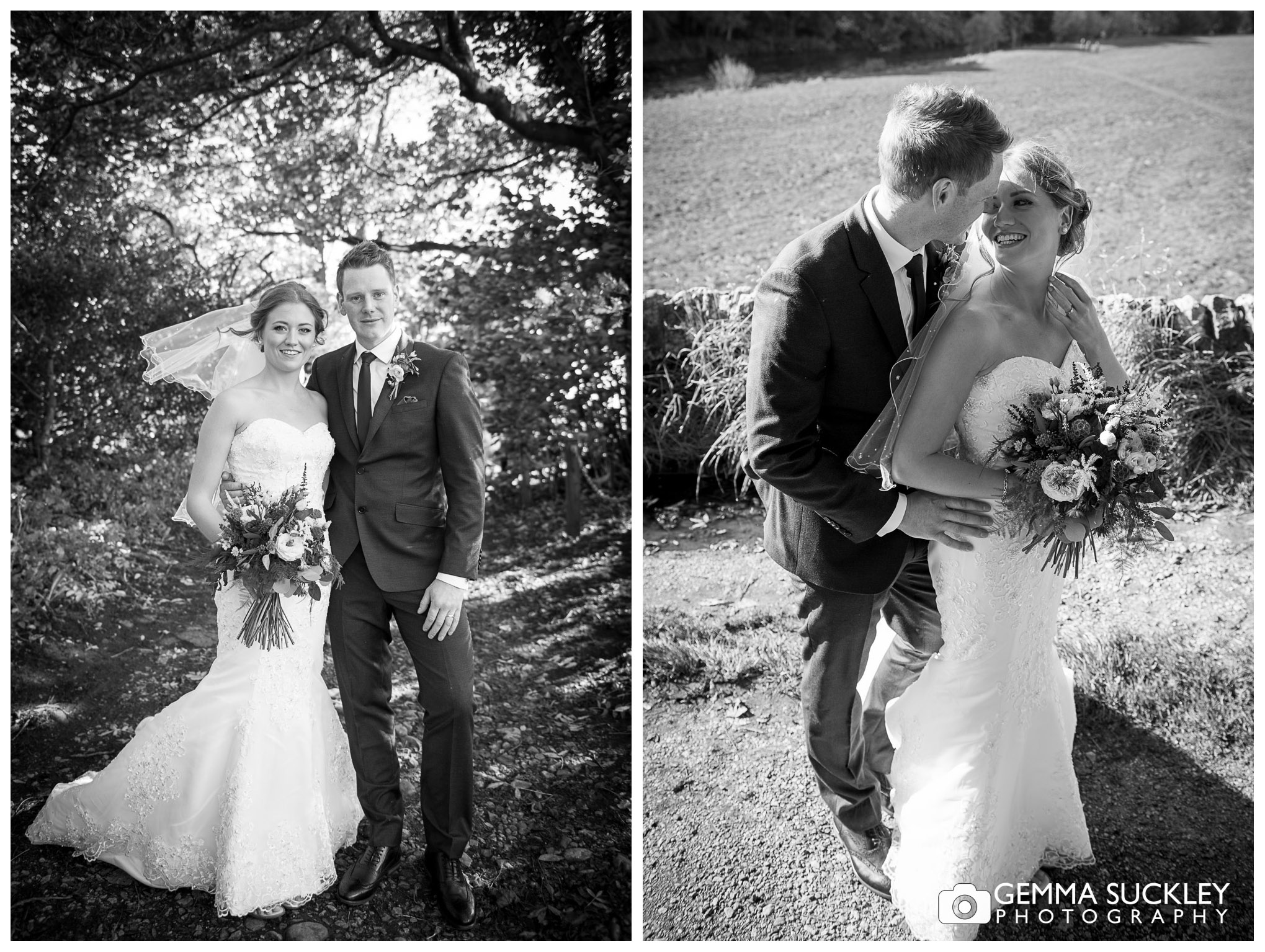 black and white wedding photo of yorkshire's bride and groom