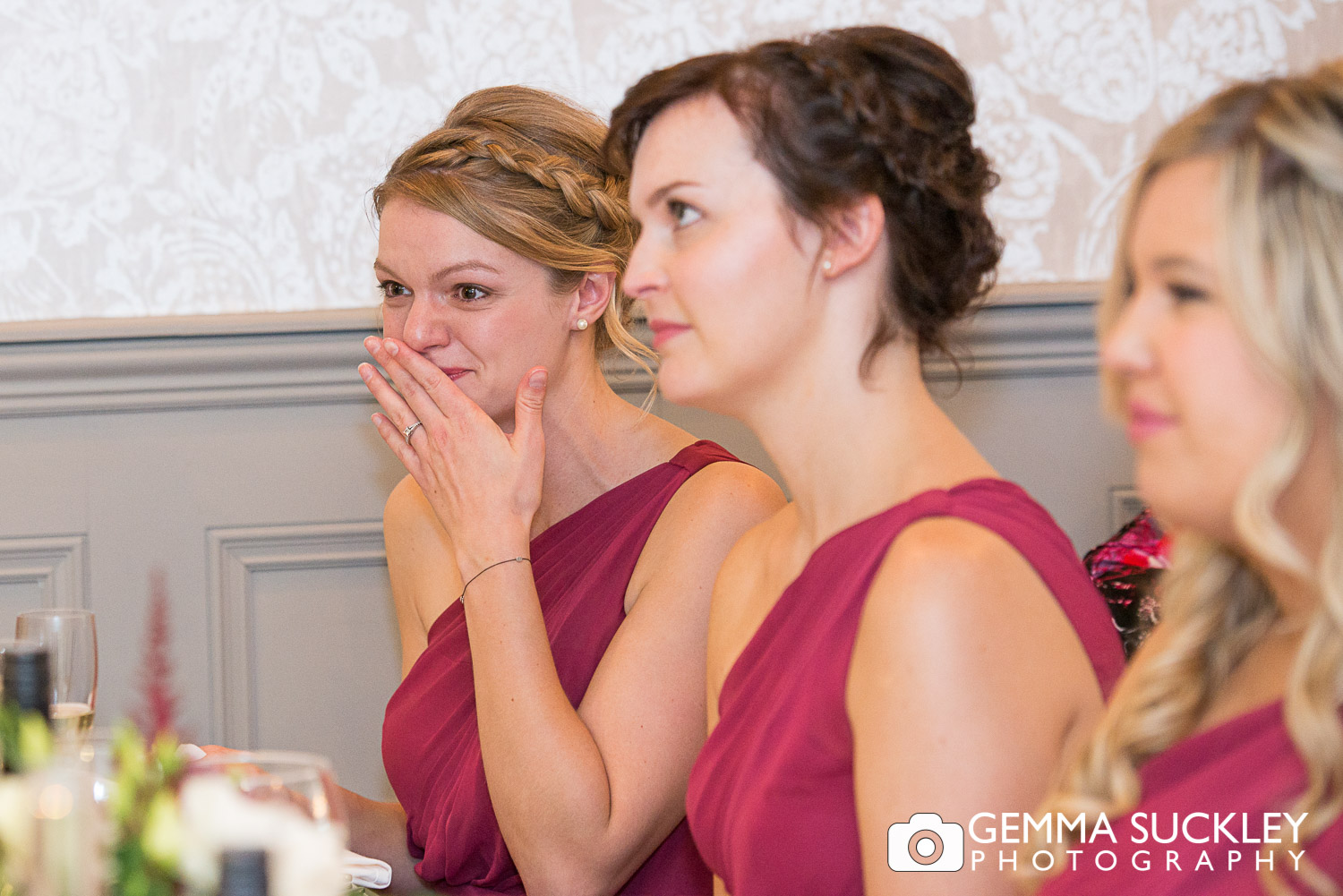 bridesmaid crying during speeches at Grassington House