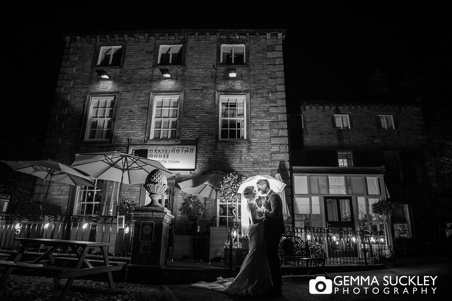 nigth wedding photo of bride and groom at Grassington House